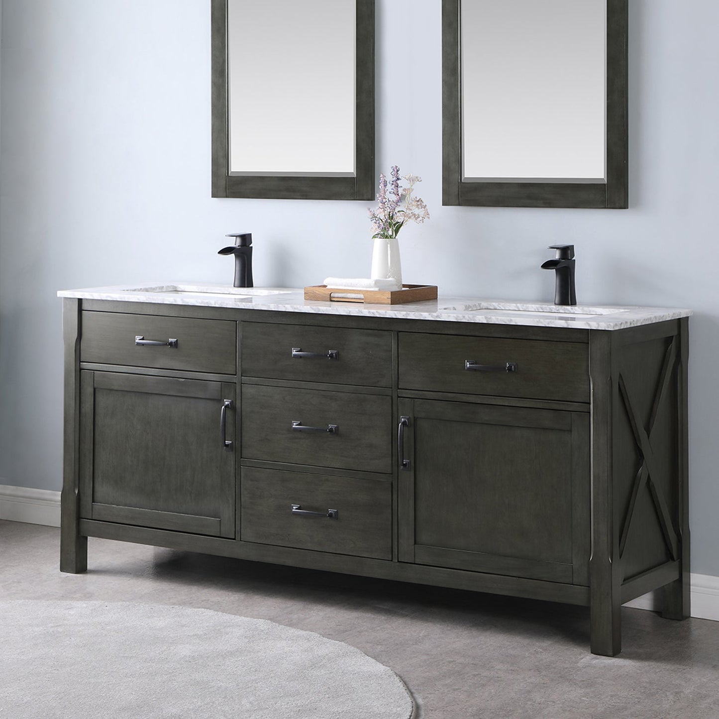 Maribella 72" Double Bathroom Vanity Set in Rust Black and Carrara White Marble Countertop without Mirror