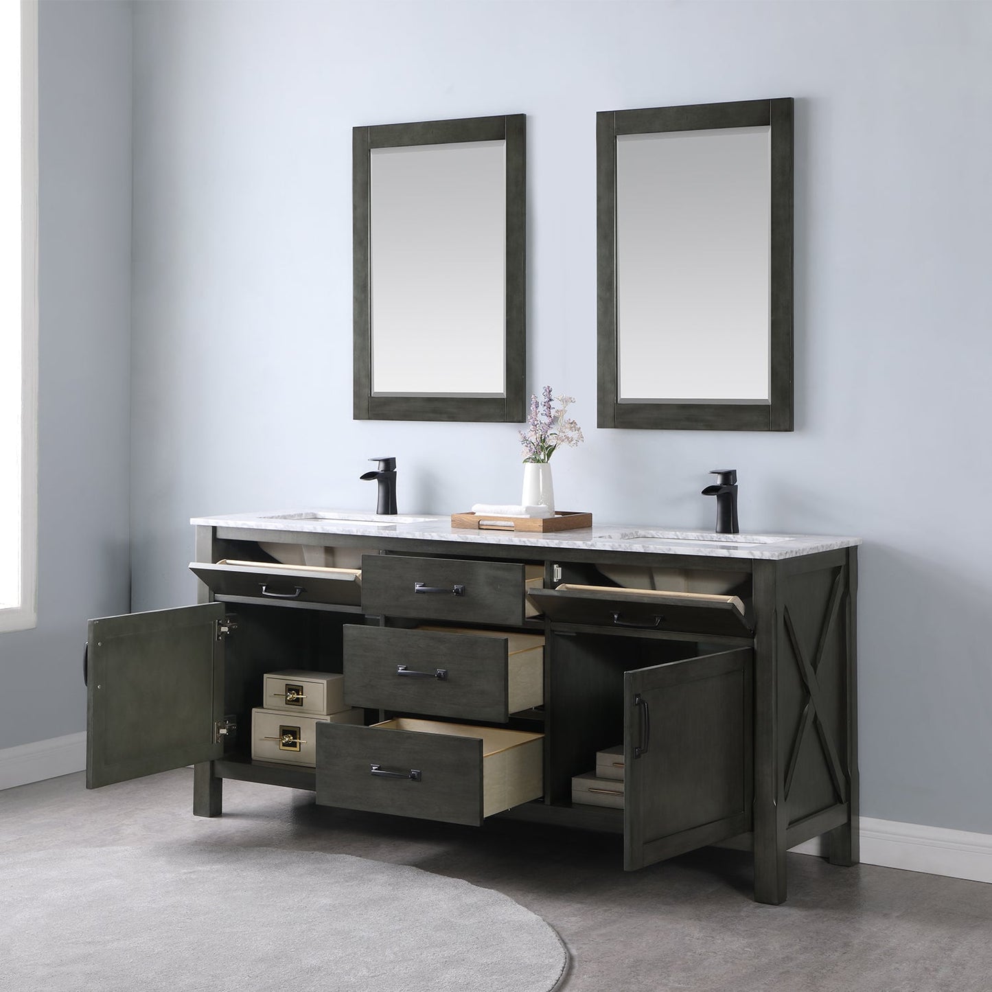 Maribella 72" Double Bathroom Vanity Set in Rust Black and Carrara White Marble Countertop with Mirror