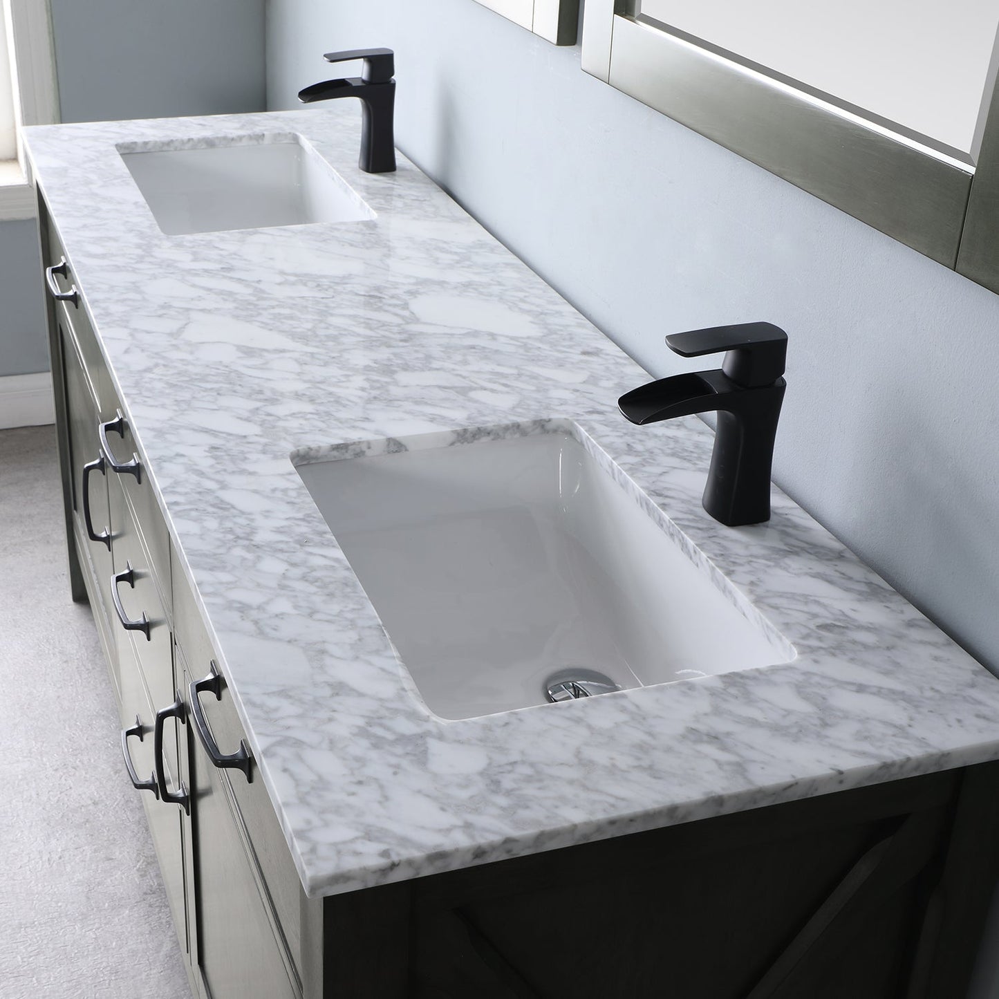 Maribella 72" Double Bathroom Vanity Set in Rust Black and Carrara White Marble Countertop with Mirror