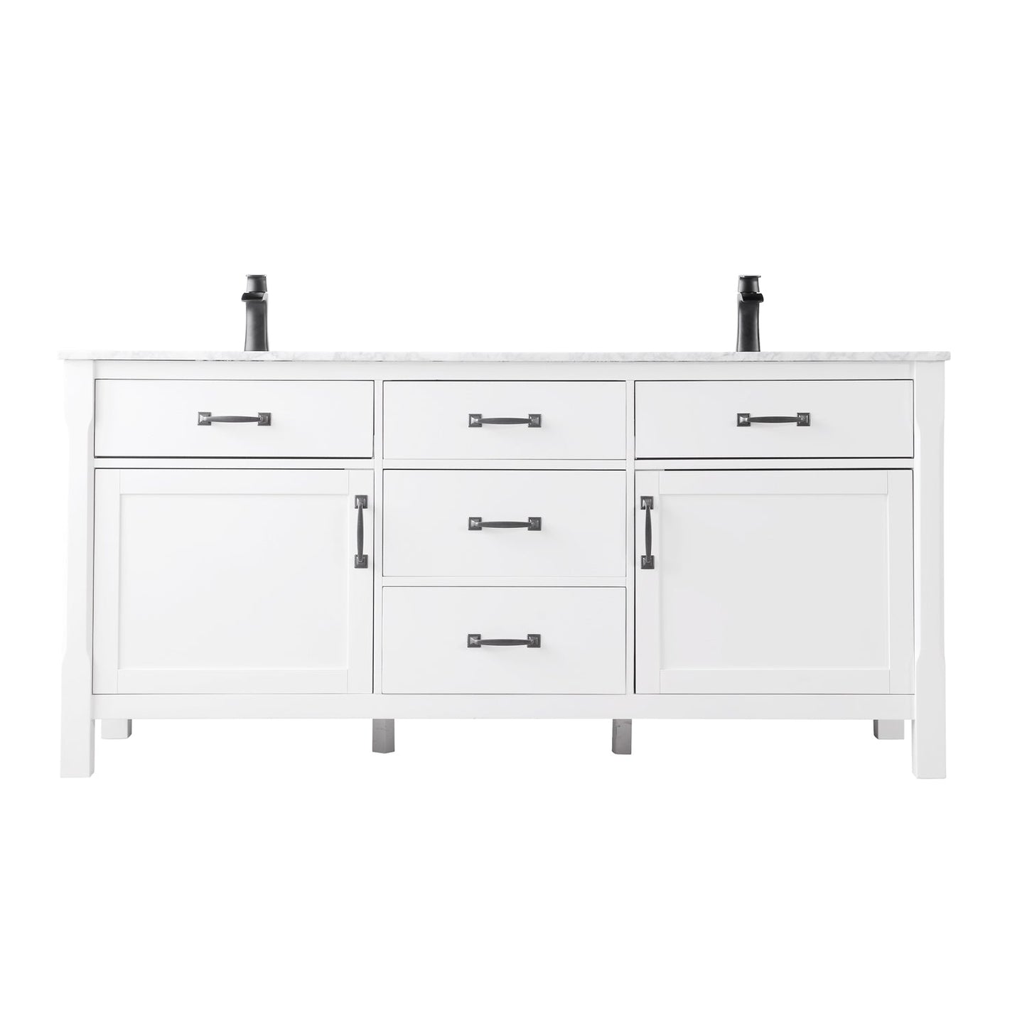 Maribella 72" Double Bathroom Vanity Set in White and Carrara White Marble Countertop without Mirror