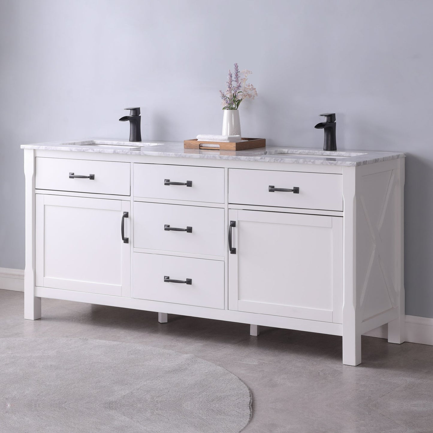 Maribella 72" Double Bathroom Vanity Set in White and Carrara White Marble Countertop without Mirror