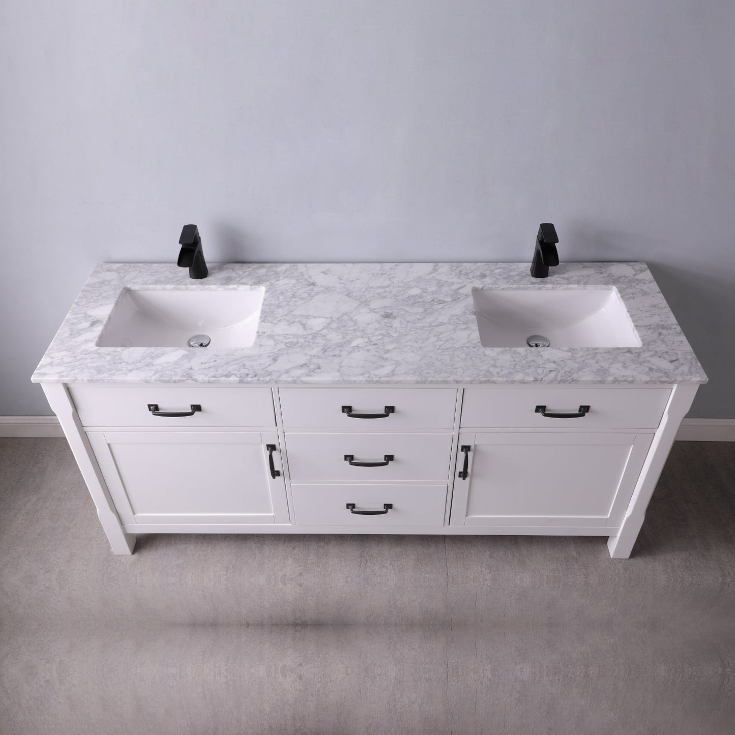 Maribella 72" Double Bathroom Vanity Set in White and Carrara White Marble Countertop without Mirror