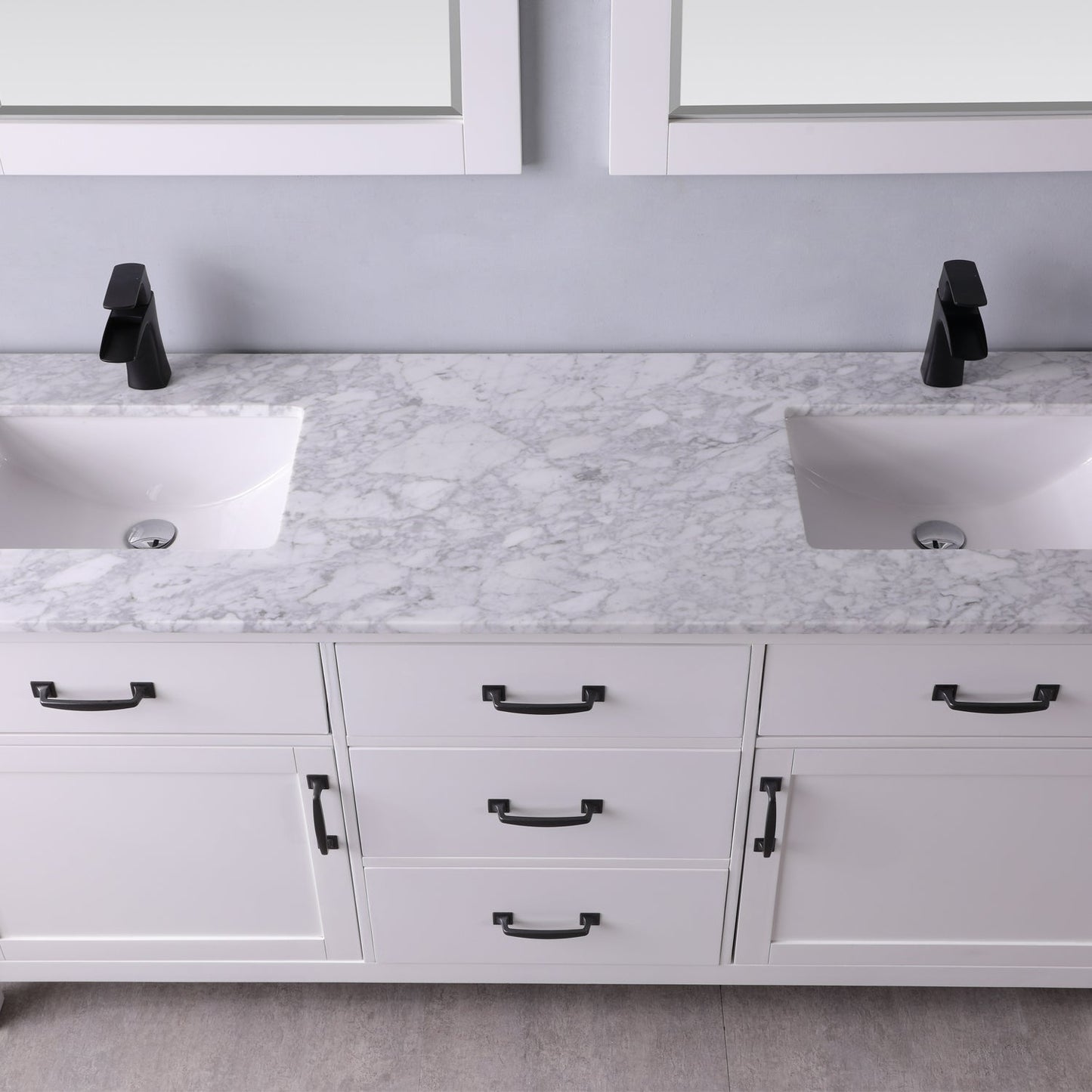 Maribella 72" Double Bathroom Vanity Set in White and Carrara White Marble Countertop with Mirror