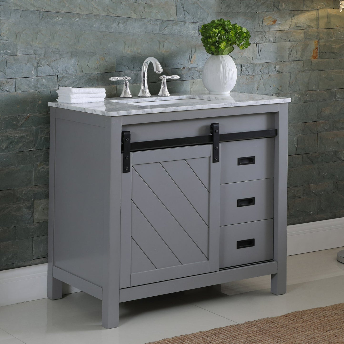 Kinsley 36" Single Bathroom Vanity Set in Gray and Carrara White Marble Countertop without Mirror