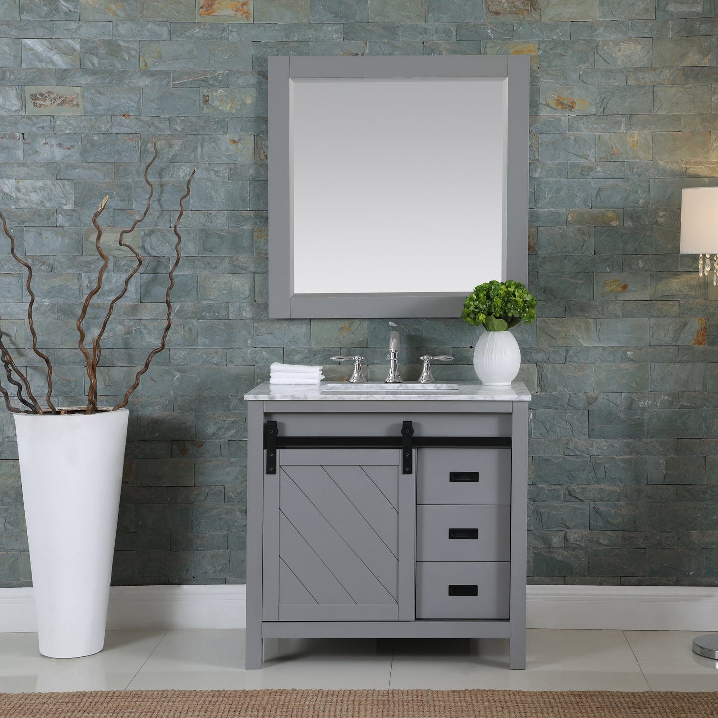 Kinsley 36" Single Bathroom Vanity Set in Gray and Carrara White Marble Countertop with Mirror