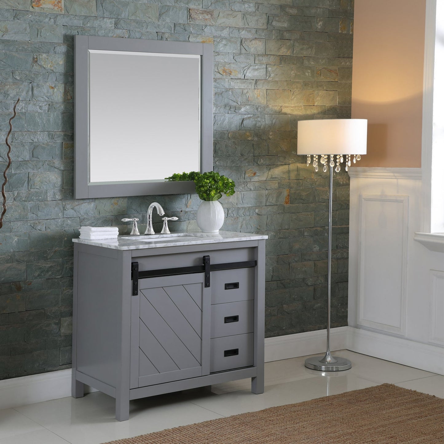 Kinsley 36" Single Bathroom Vanity Set in Gray and Carrara White Marble Countertop with Mirror
