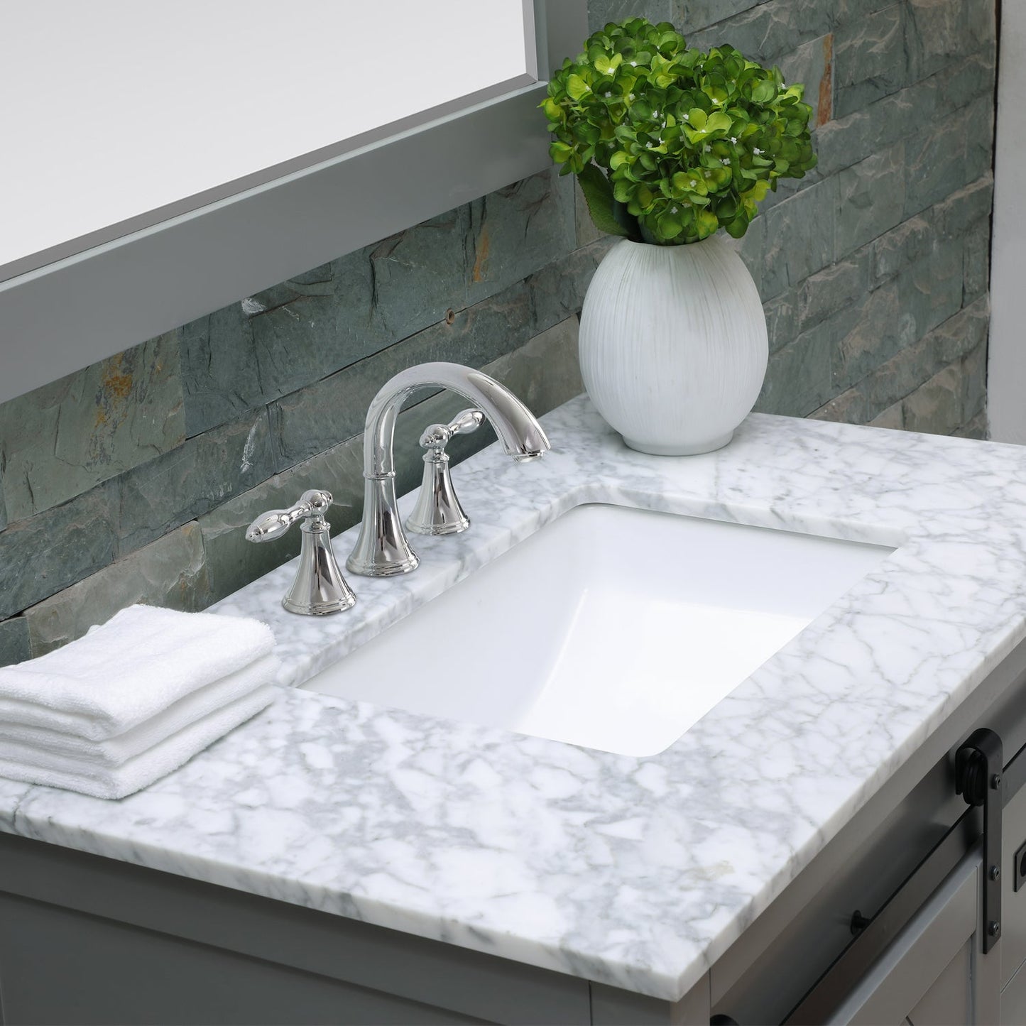 Kinsley 36" Single Bathroom Vanity Set in Gray and Carrara White Marble Countertop with Mirror