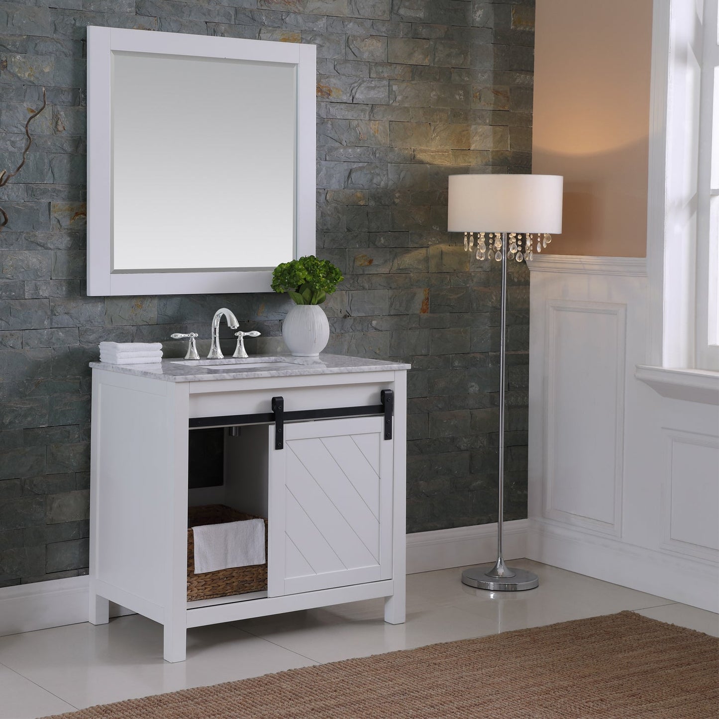 Kinsley 36" Single Bathroom Vanity Set in White and Carrara White Marble Countertop with Mirror