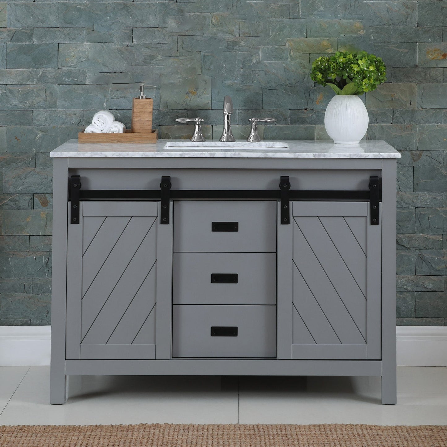 Kinsley 48" Single Bathroom Vanity Set in Gray and Carrara White Marble Countertop without Mirror