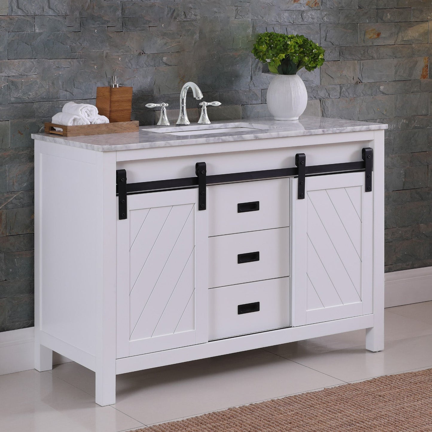 Kinsley 48" Single Bathroom Vanity Set in White and Carrara White Marble Countertop without Mirror