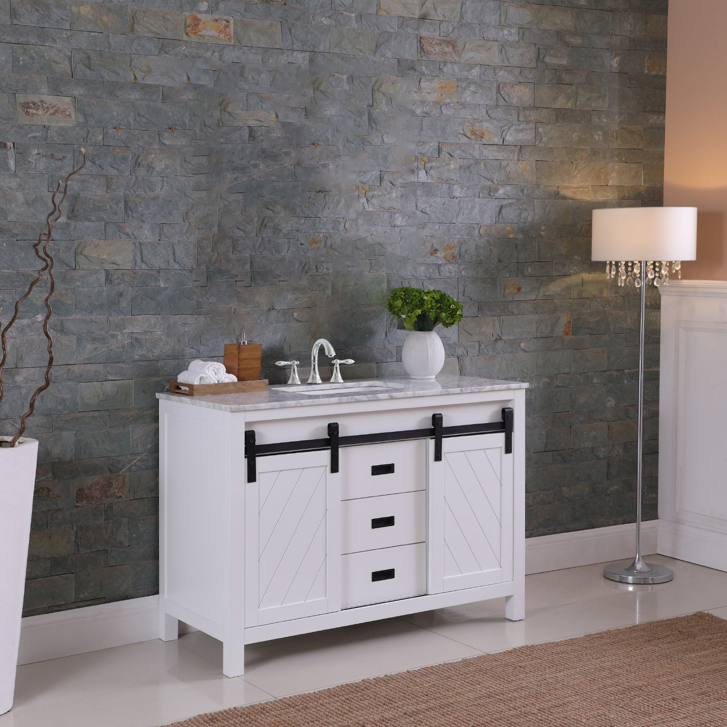 Kinsley 48" Single Bathroom Vanity Set in White and Carrara White Marble Countertop without Mirror