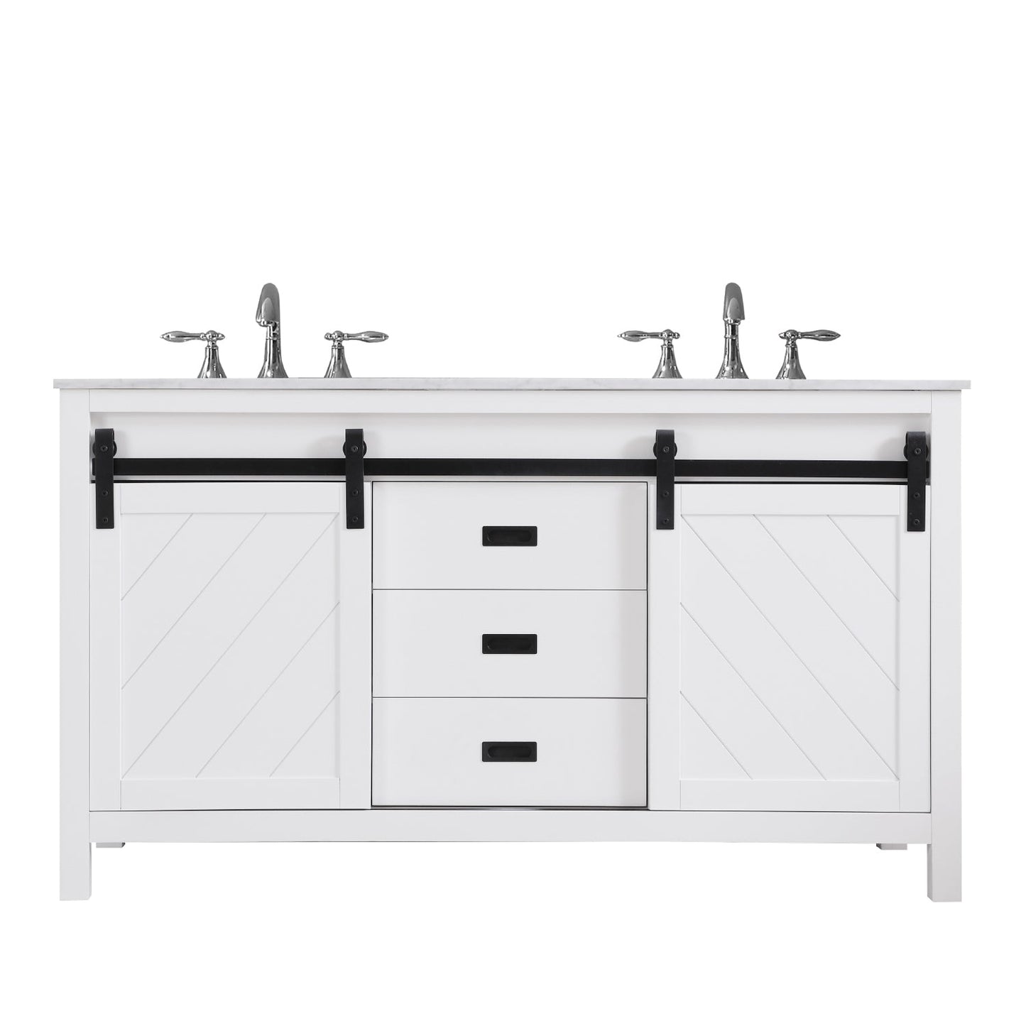 Kinsley 60" Double Bathroom Vanity Set in White and Carrara White Marble Countertop without Mirror