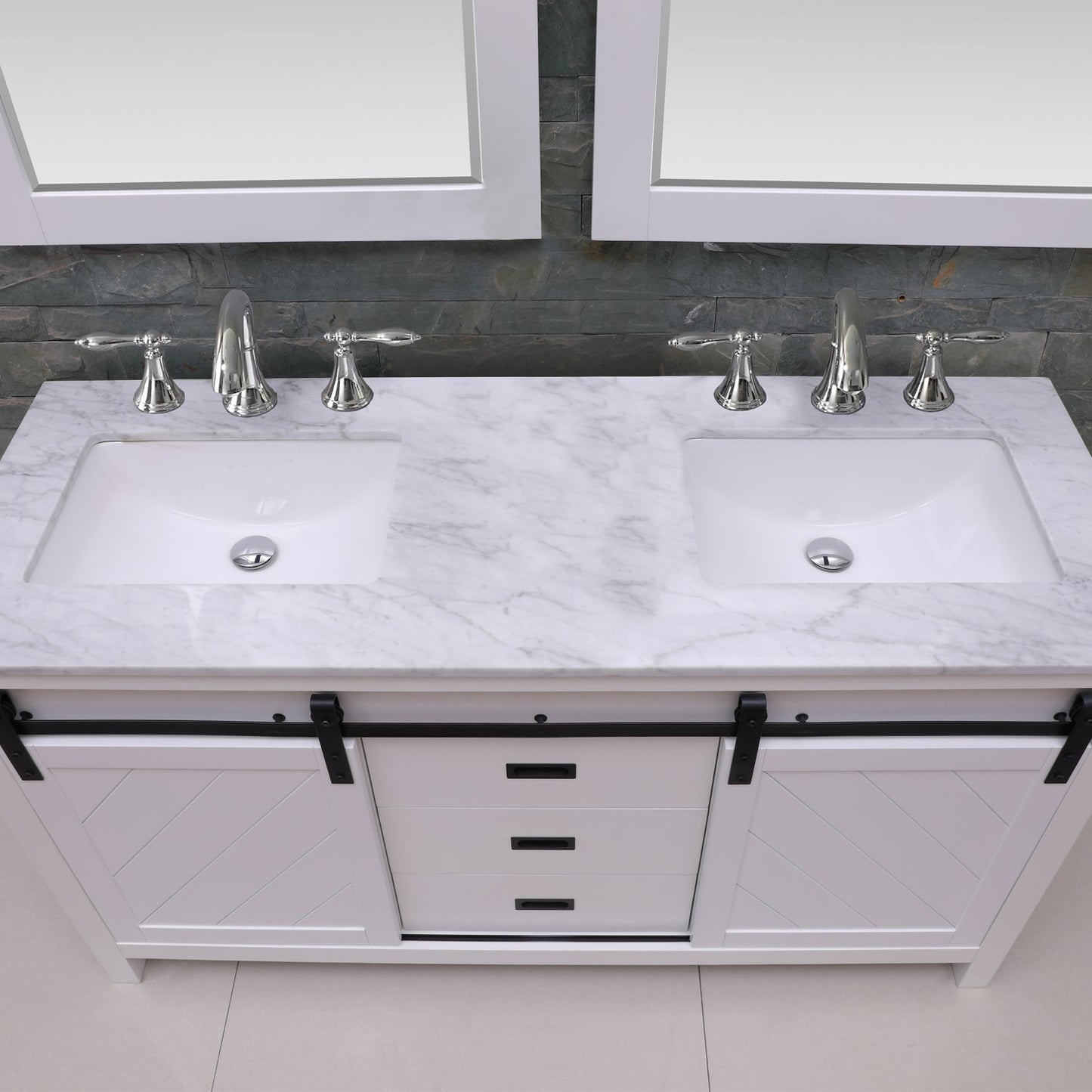 Kinsley 60" Double Bathroom Vanity Set in White and Carrara White Marble Countertop with Mirror