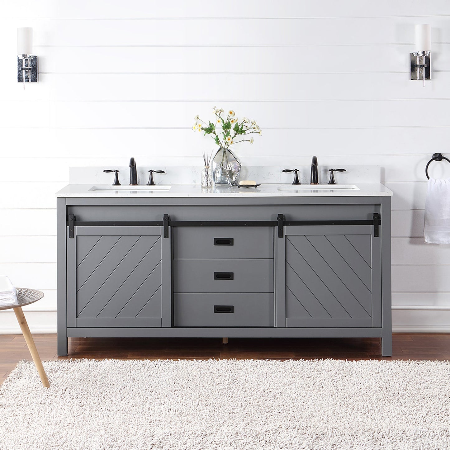 Kinsley 72" Double Bathroom Vanity Set in Gray and Aosta White Engineered Stone Countertop without Mirror