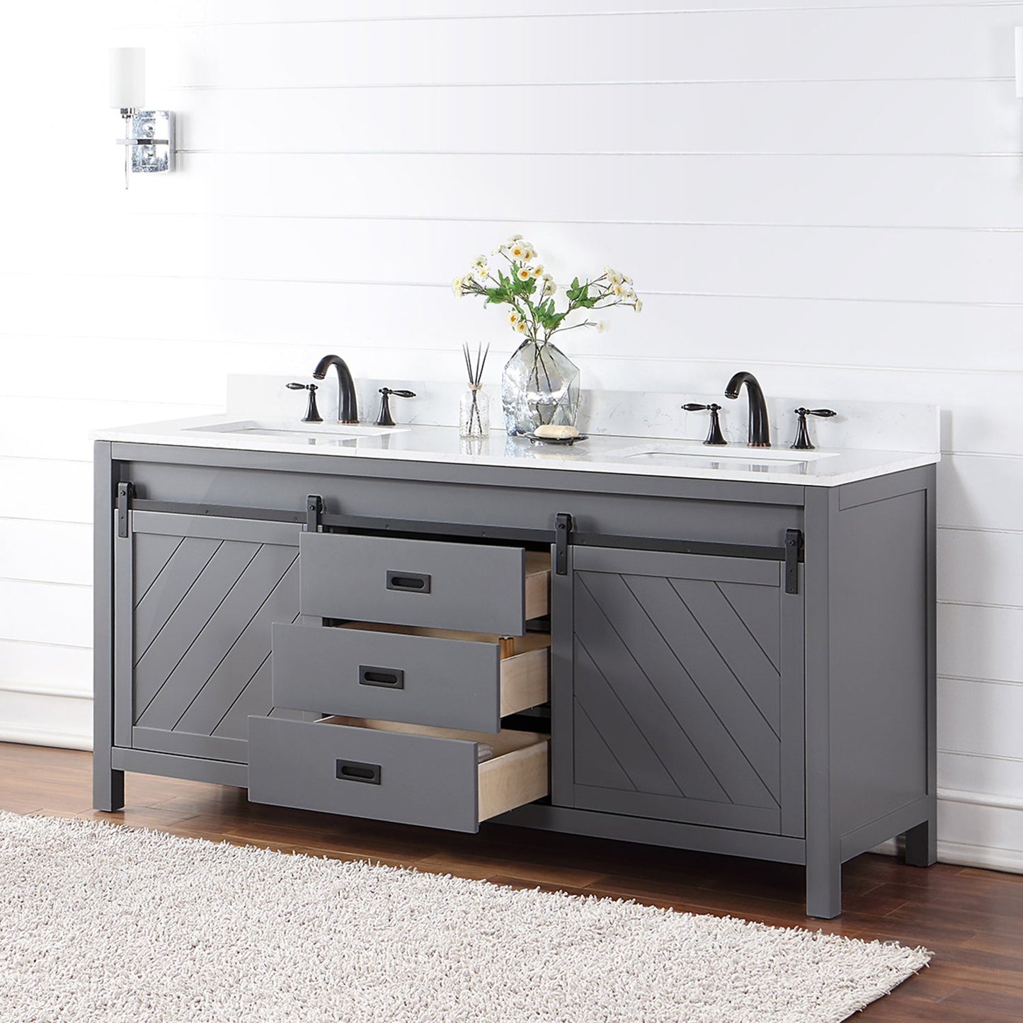 Kinsley 72" Double Bathroom Vanity Set in Gray and Aosta White Engineered Stone Countertop without Mirror