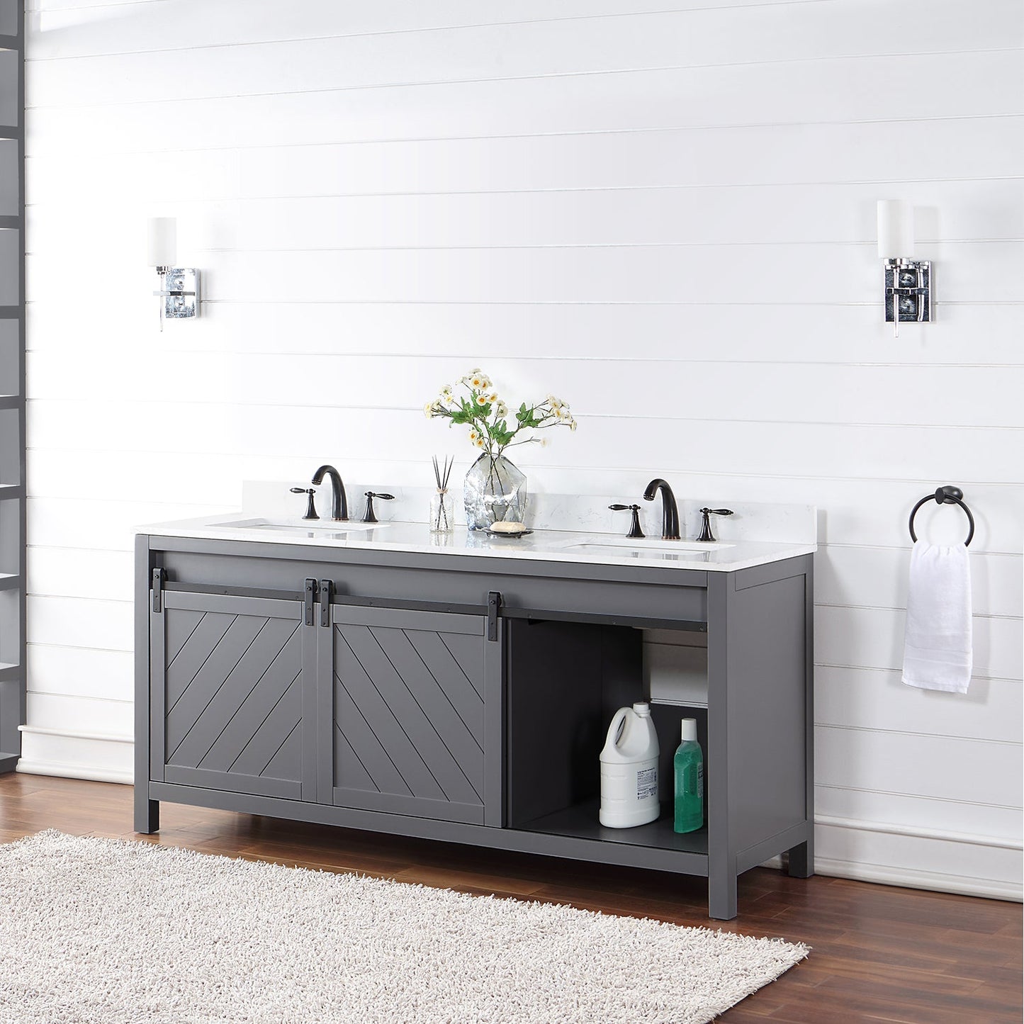 Kinsley 72" Double Bathroom Vanity Set in Gray and Aosta White Engineered Stone Countertop without Mirror