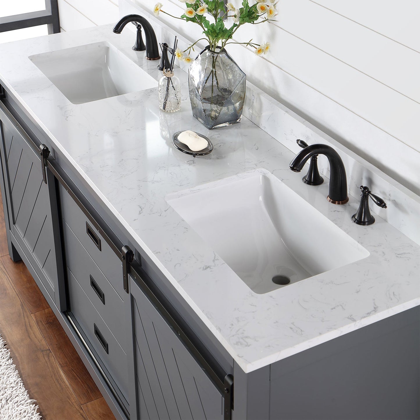 Kinsley 72" Double Bathroom Vanity Set in Gray and Aosta White Engineered Stone Countertop without Mirror