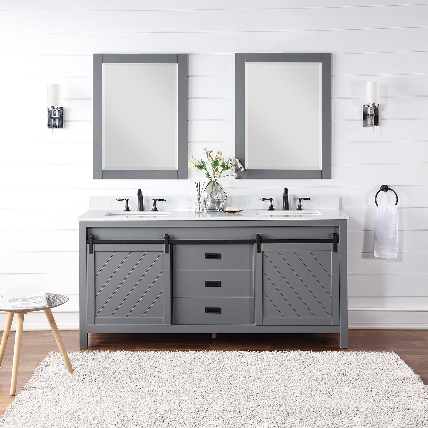 Kinsley 72" Double Bathroom Vanity Set in Gray and Aosta White Engineered Stone Countertop with Mirror