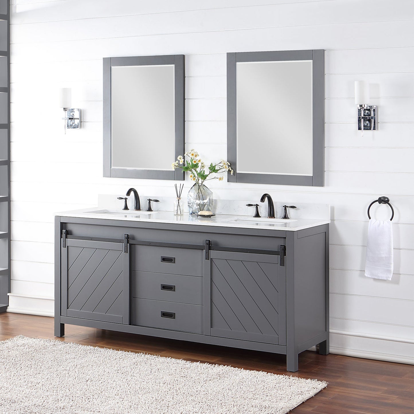 Kinsley 72" Double Bathroom Vanity Set in Gray and Aosta White Engineered Stone Countertop with Mirror