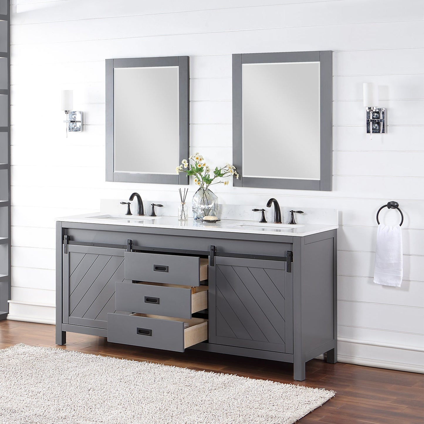 Kinsley 72" Double Bathroom Vanity Set in Gray and Aosta White Engineered Stone Countertop with Mirror