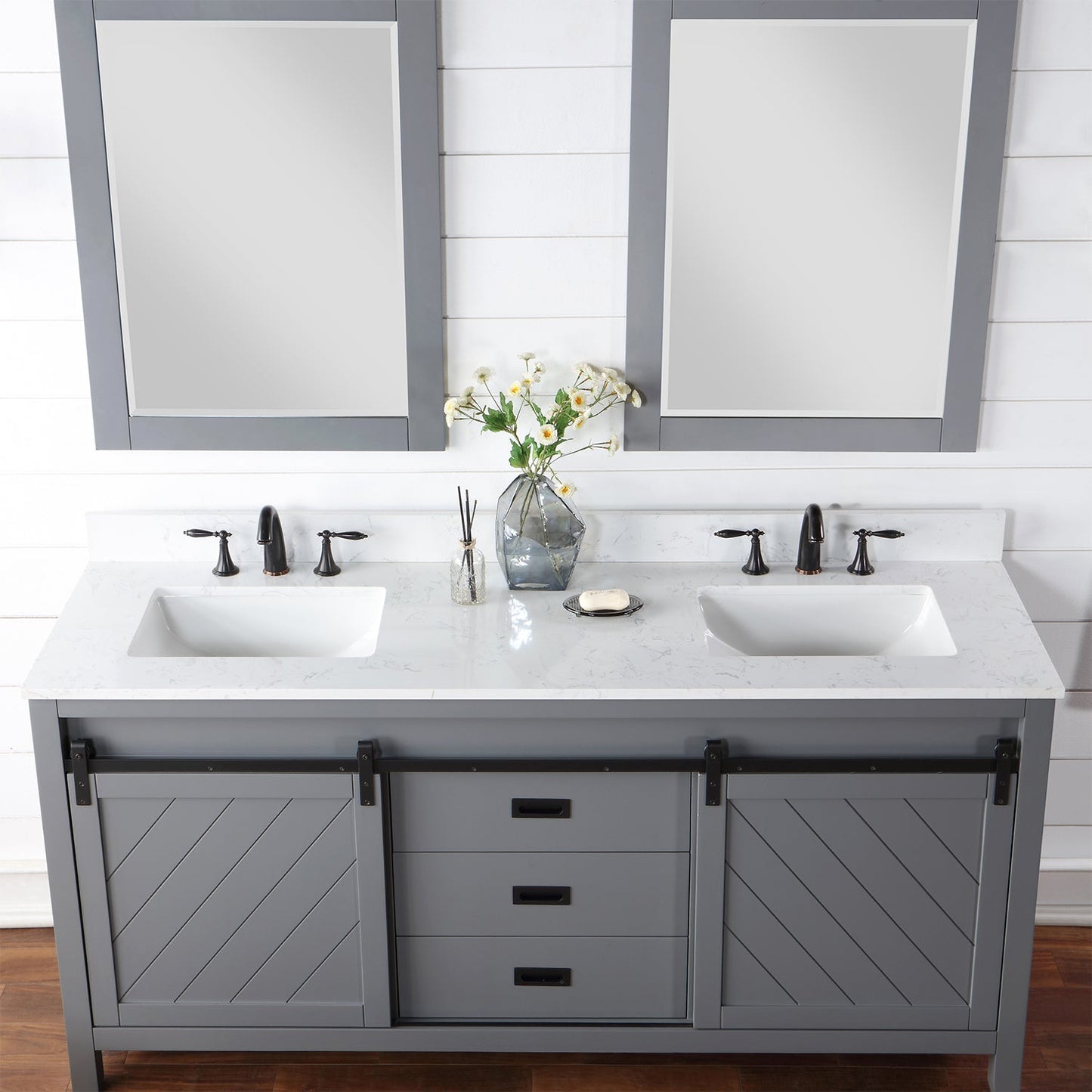 Kinsley 72" Double Bathroom Vanity Set in Gray and Aosta White Engineered Stone Countertop with Mirror