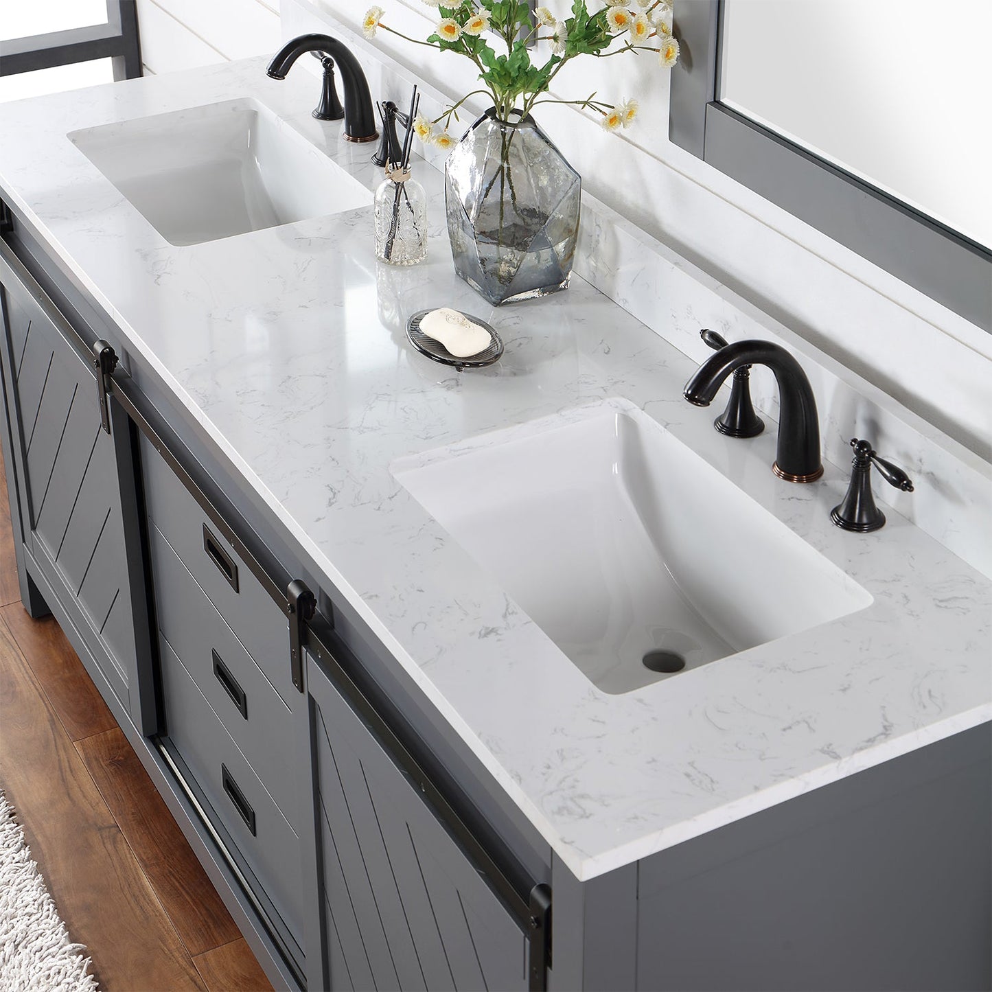 Kinsley 72" Double Bathroom Vanity Set in Gray and Aosta White Engineered Stone Countertop with Mirror