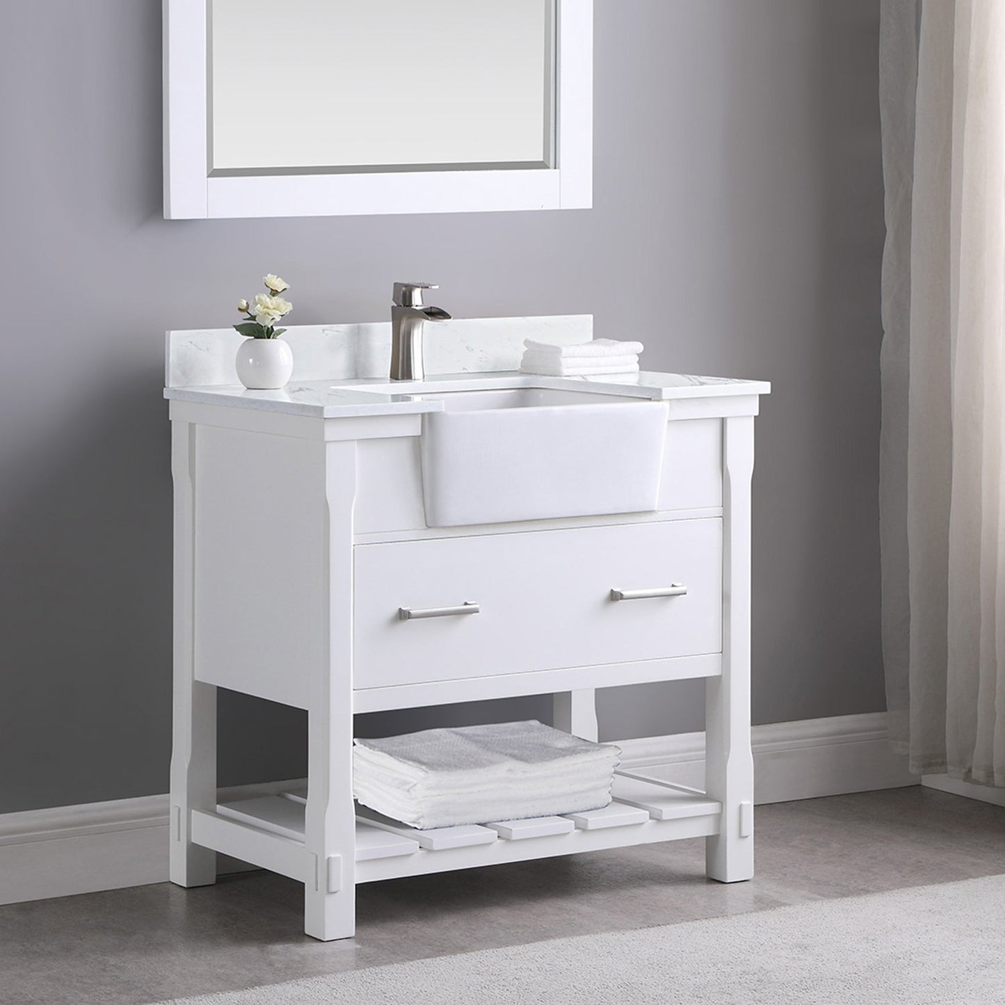 Georgia 36" Single Bathroom Vanity Set in White and Aosta White Composite Stone Top with White Farmhouse Basin without Mirror
