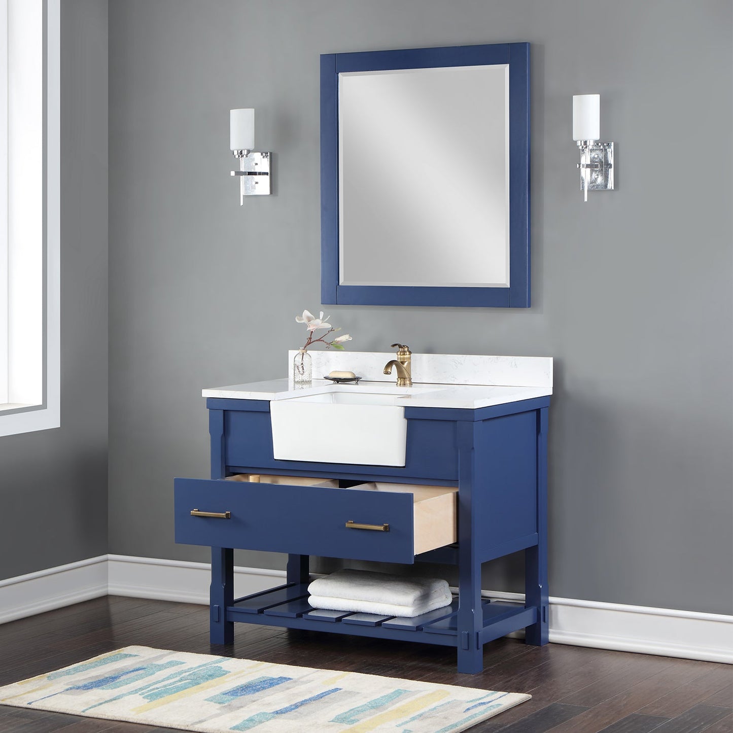 Georgia 42" Single Bathroom Vanity Set in Jewelry Blue and Aosta White Composite Stone Top with White Farmhouse Basin with Mirror