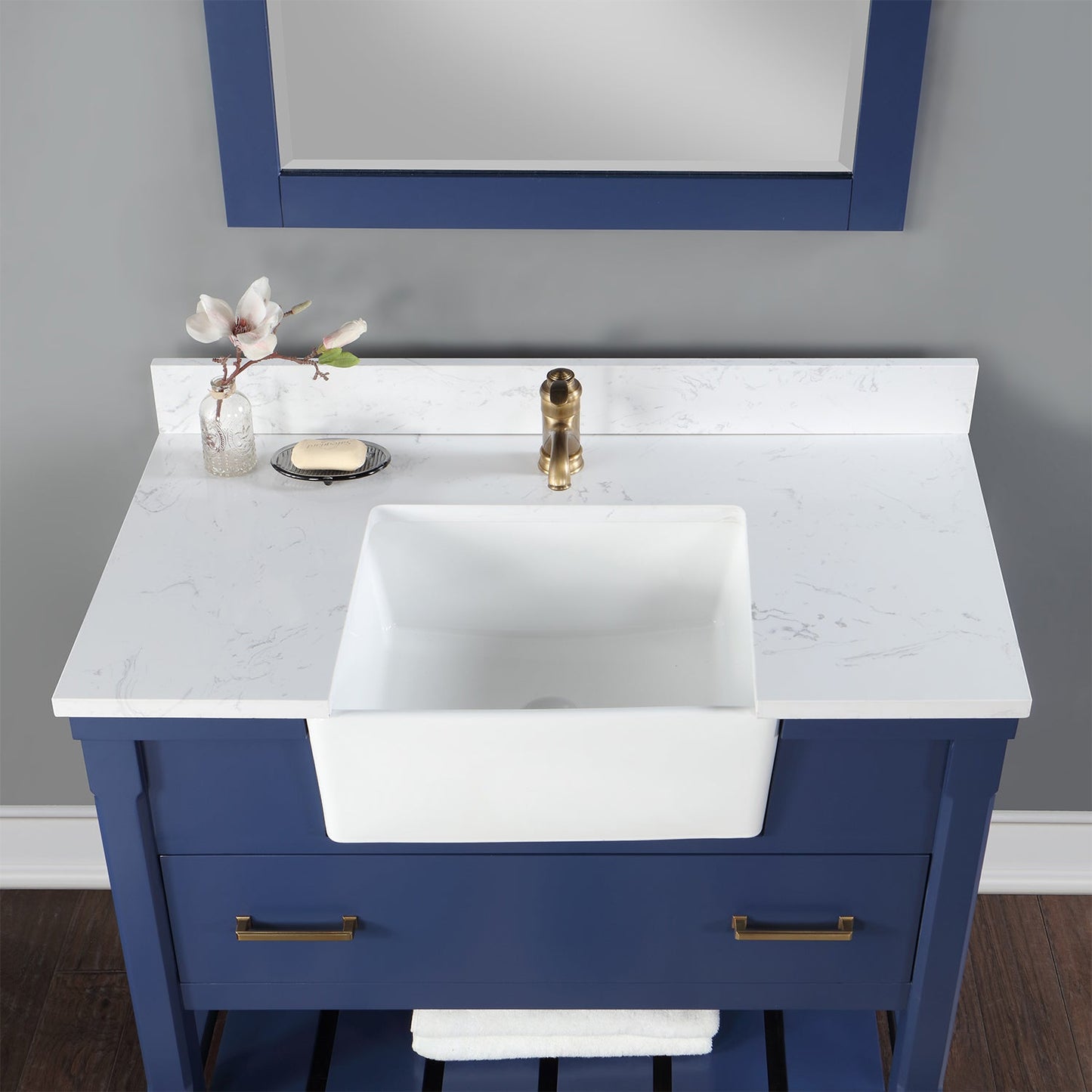 Georgia 42" Single Bathroom Vanity Set in Jewelry Blue and Aosta White Composite Stone Top with White Farmhouse Basin with Mirror