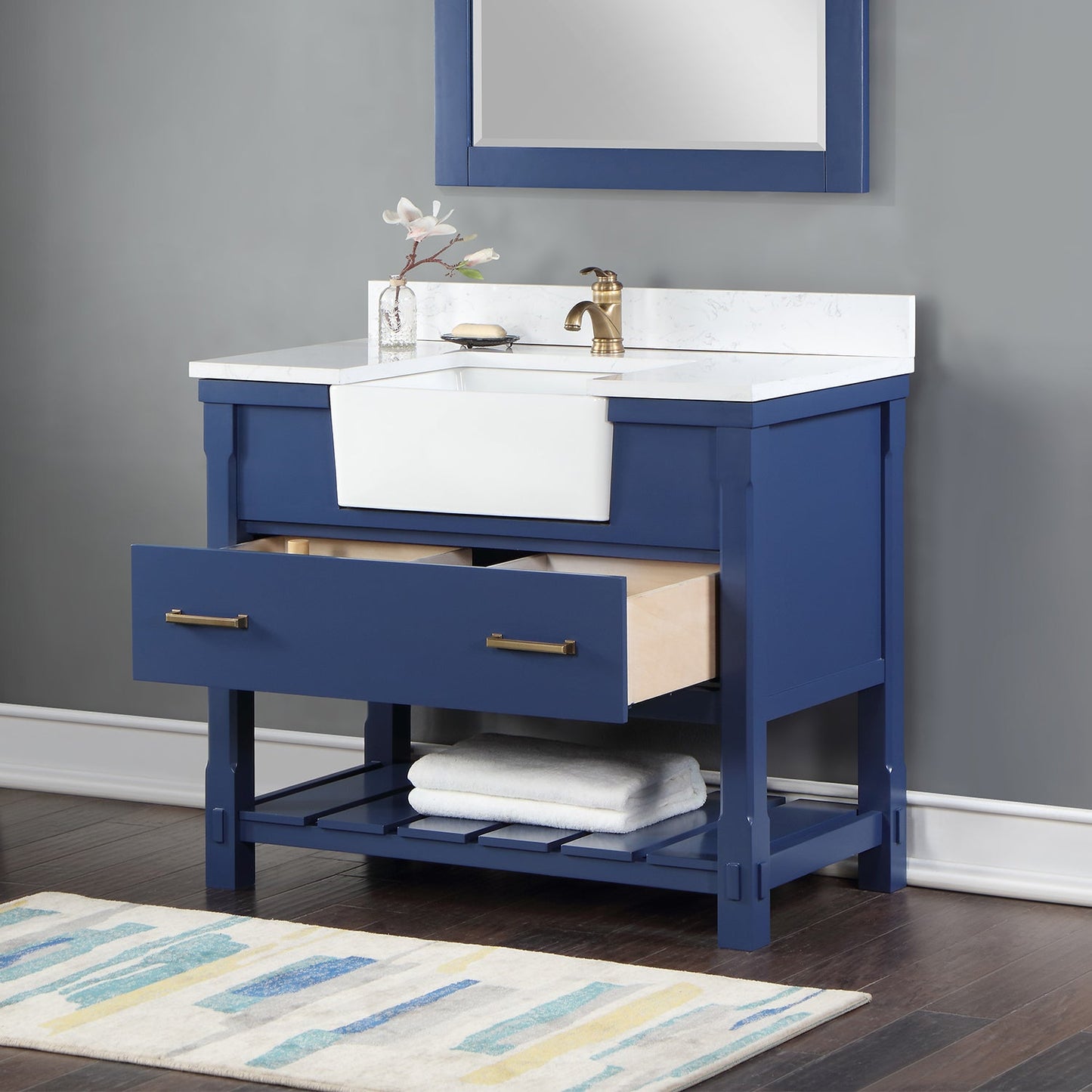 Georgia 42" Single Bathroom Vanity Set in Jewelry Blue and Aosta White Composite Stone Top with White Farmhouse Basin with Mirror
