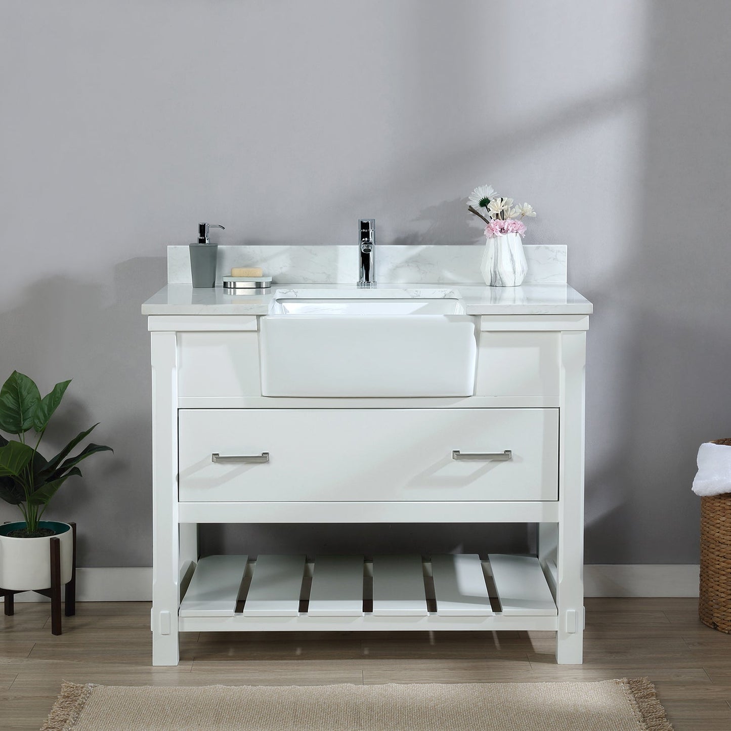 Georgia 42" Single Bathroom Vanity Set in White and Aosta White Composite Stone Top with White Farmhouse Basin without Mirror