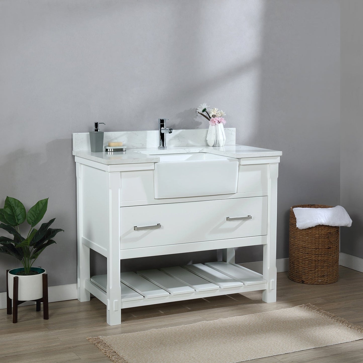 Georgia 42" Single Bathroom Vanity Set in White and Aosta White Composite Stone Top with White Farmhouse Basin without Mirror