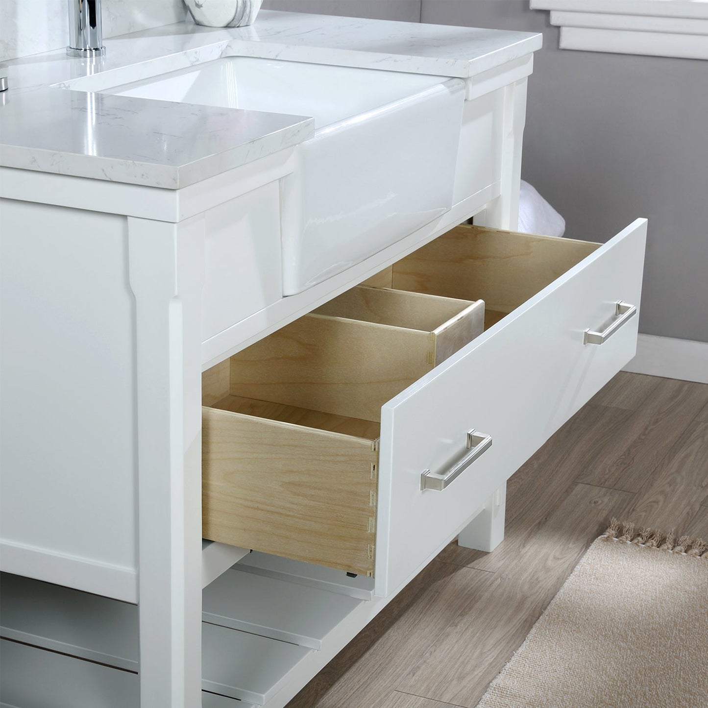 Georgia 42" Single Bathroom Vanity Set in White and Aosta White Composite Stone Top with White Farmhouse Basin without Mirror