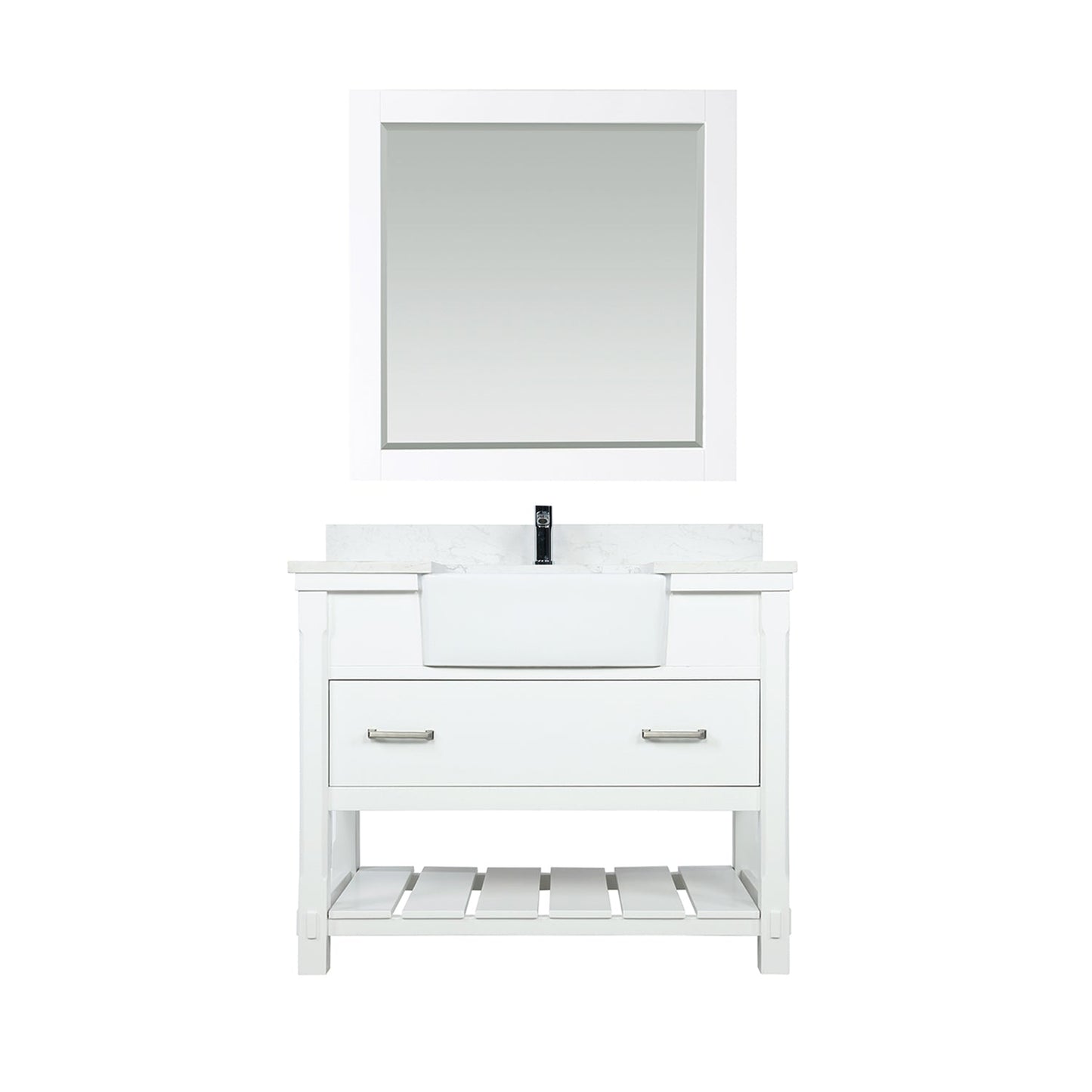 Georgia 42" Single Bathroom Vanity Set in White and Aosta White Composite Stone Top with White Farmhouse Basin with Mirror