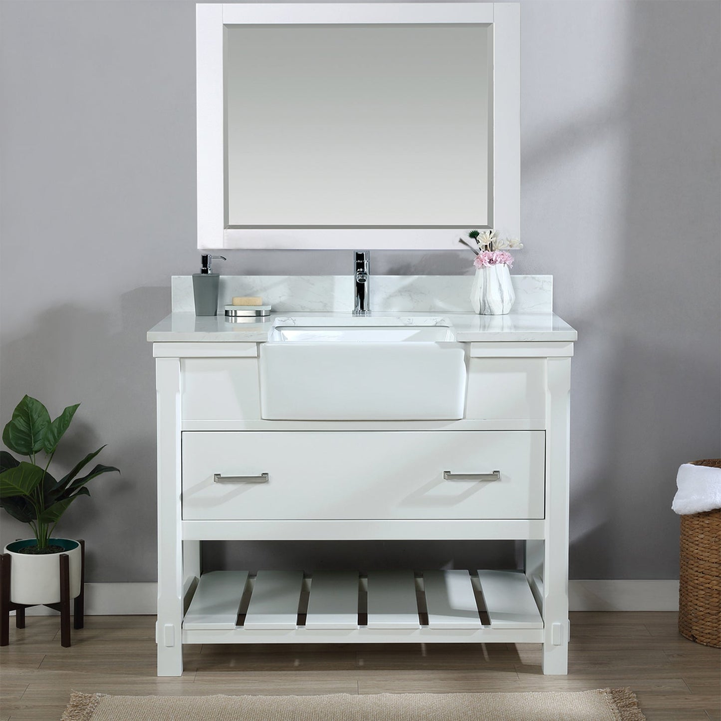 Georgia 42" Single Bathroom Vanity Set in White and Aosta White Composite Stone Top with White Farmhouse Basin with Mirror