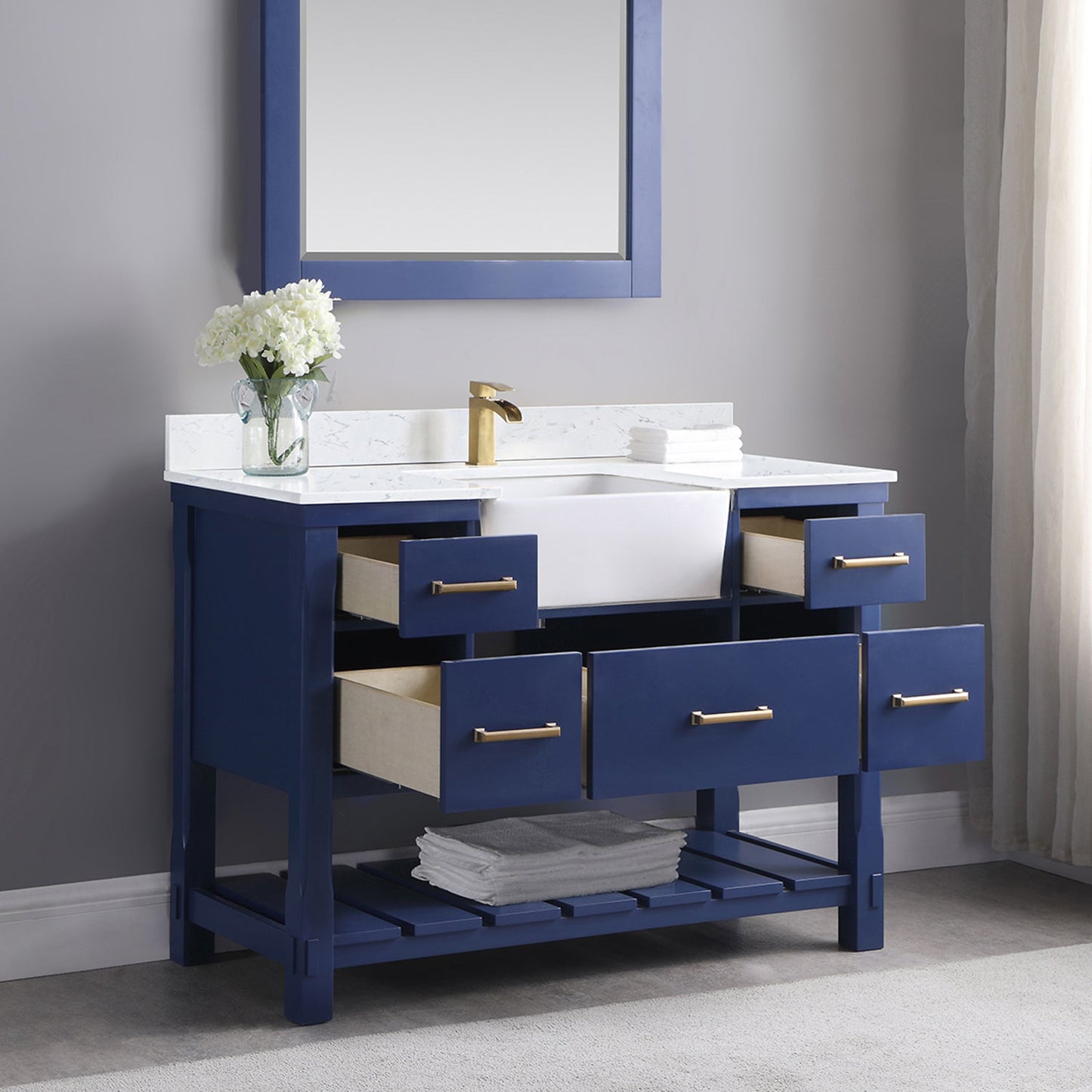 Georgia 48" Single Bathroom Vanity Set in Jewelry Blue and Aosta White Composite Stone Top with White Farmhouse Basin without Mirror