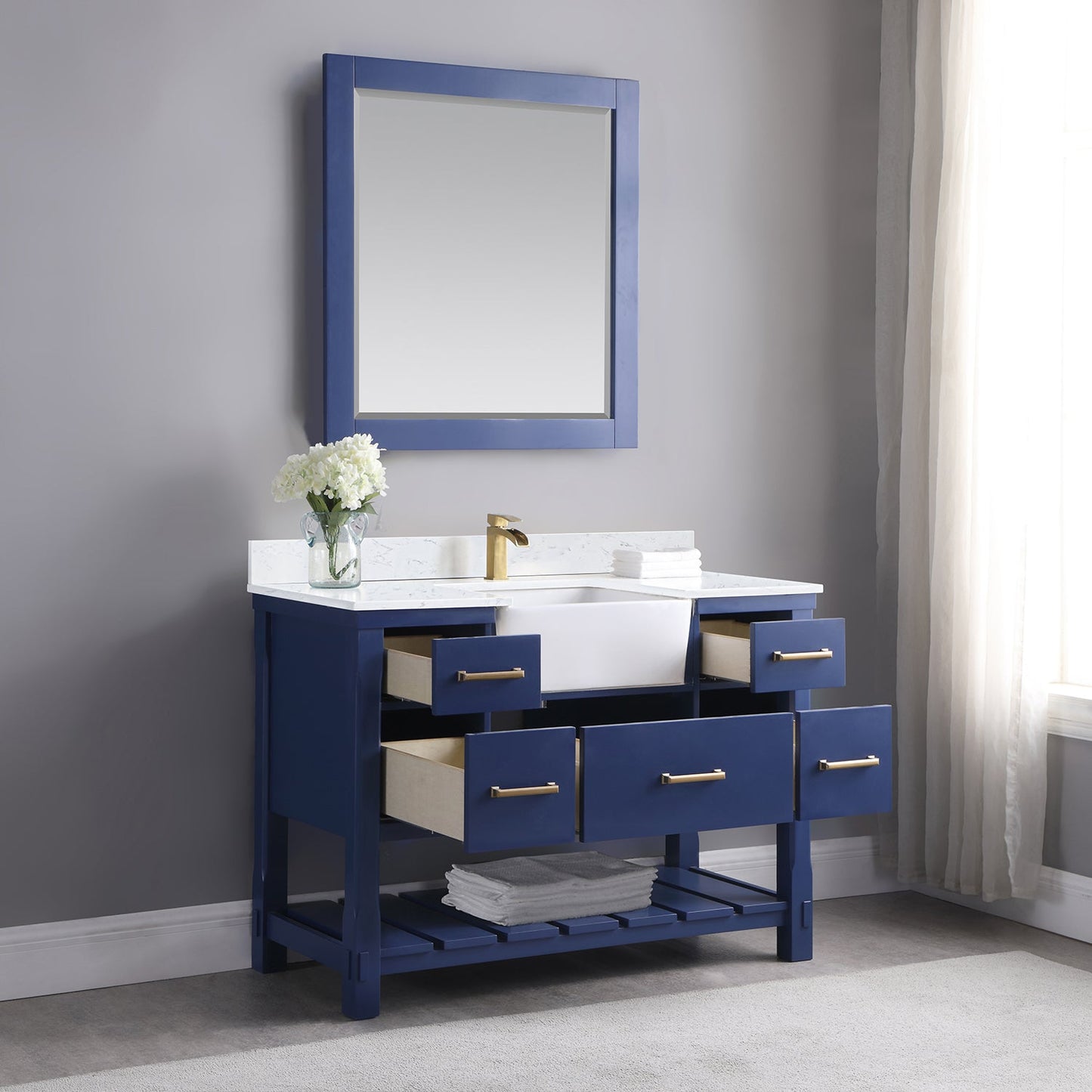 Georgia 48" Single Bathroom Vanity Set in Jewelry Blue and Aosta White Composite Stone Top with White Farmhouse Basin with Mirror