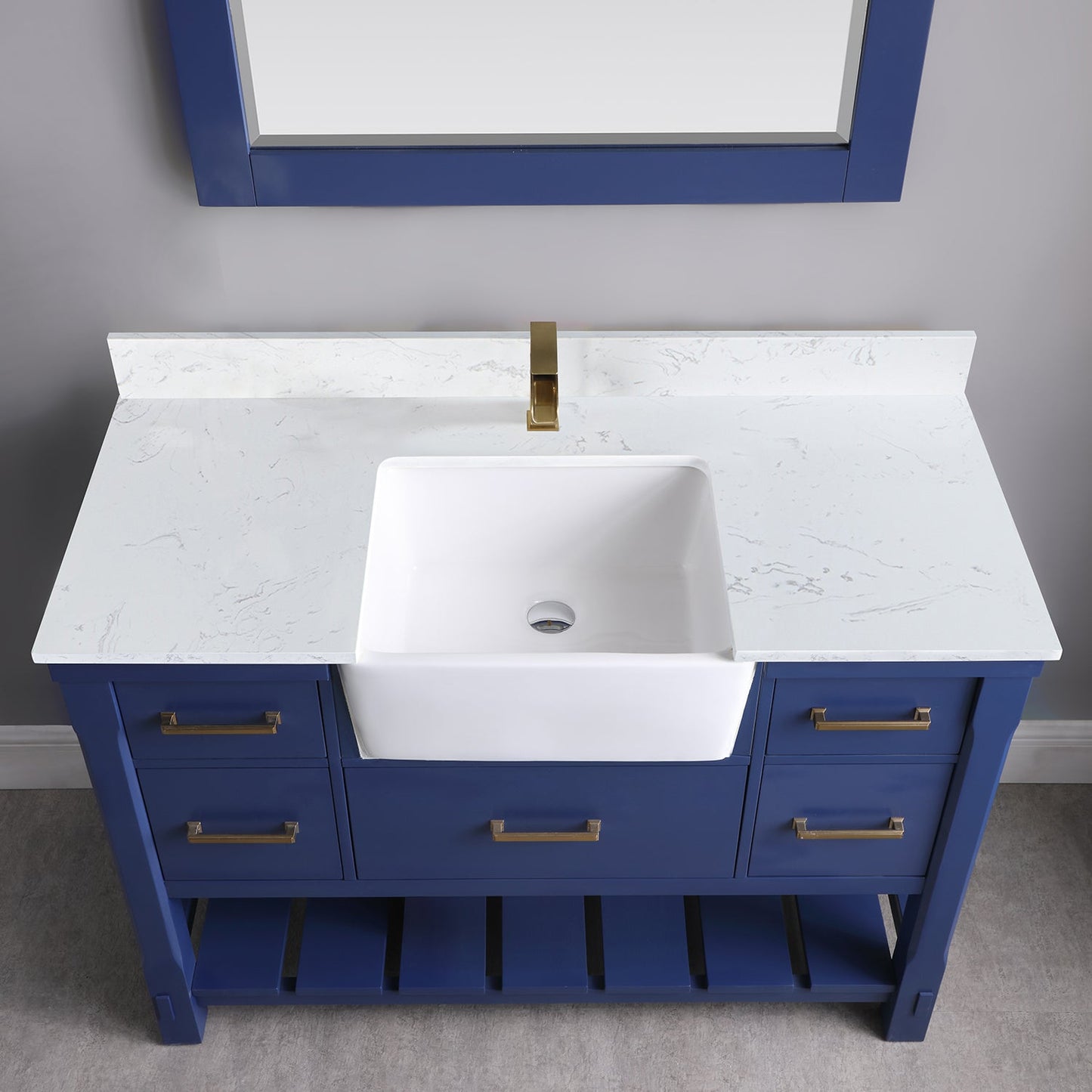Georgia 48" Single Bathroom Vanity Set in Jewelry Blue and Aosta White Composite Stone Top with White Farmhouse Basin with Mirror