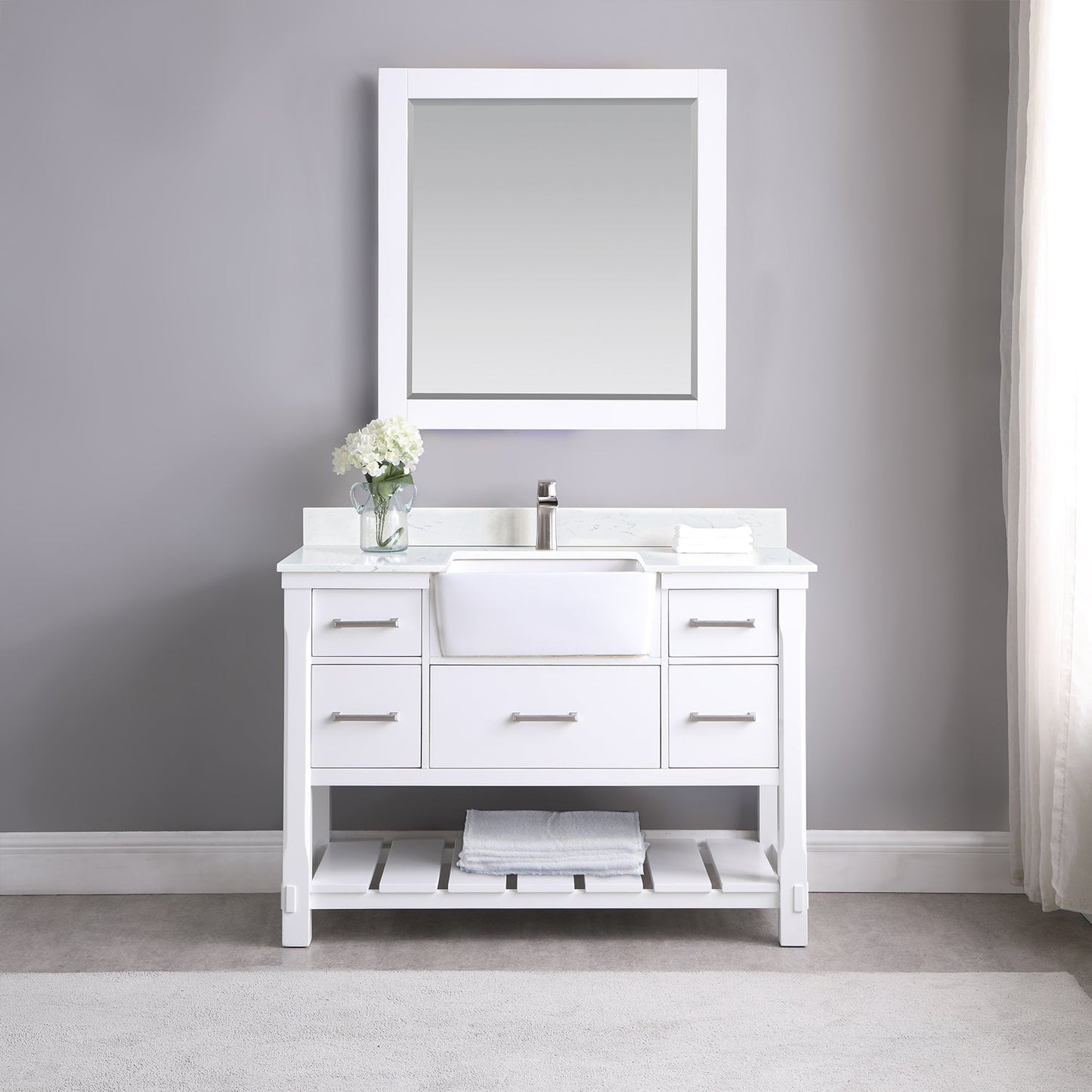 Georgia 48" Single Bathroom Vanity Set in White and Aosta White Composite Stone Top with White Farmhouse Basin with Mirror