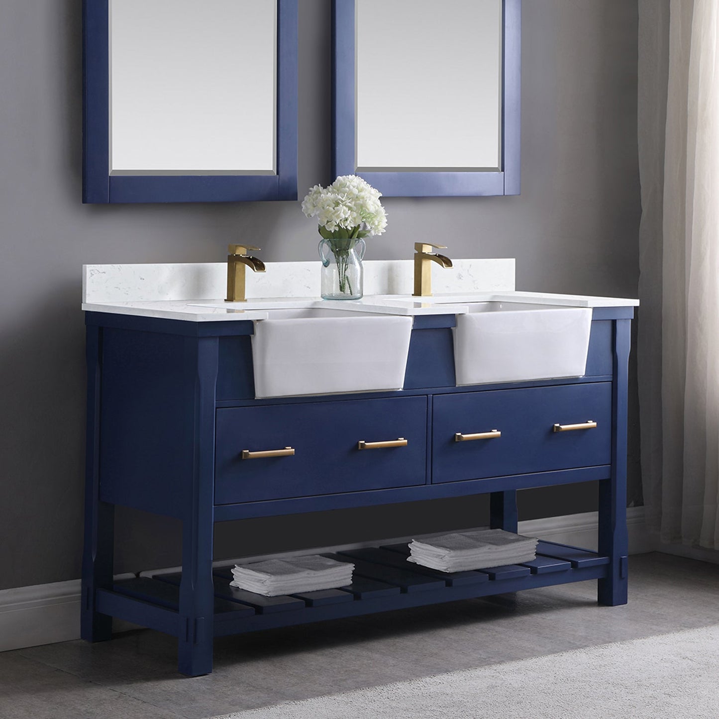 Georgia 60" Double Bathroom Vanity Set in Jewelry Blue and Aosta White Composite Stone Top with White Farmhouse Basin without Mirror