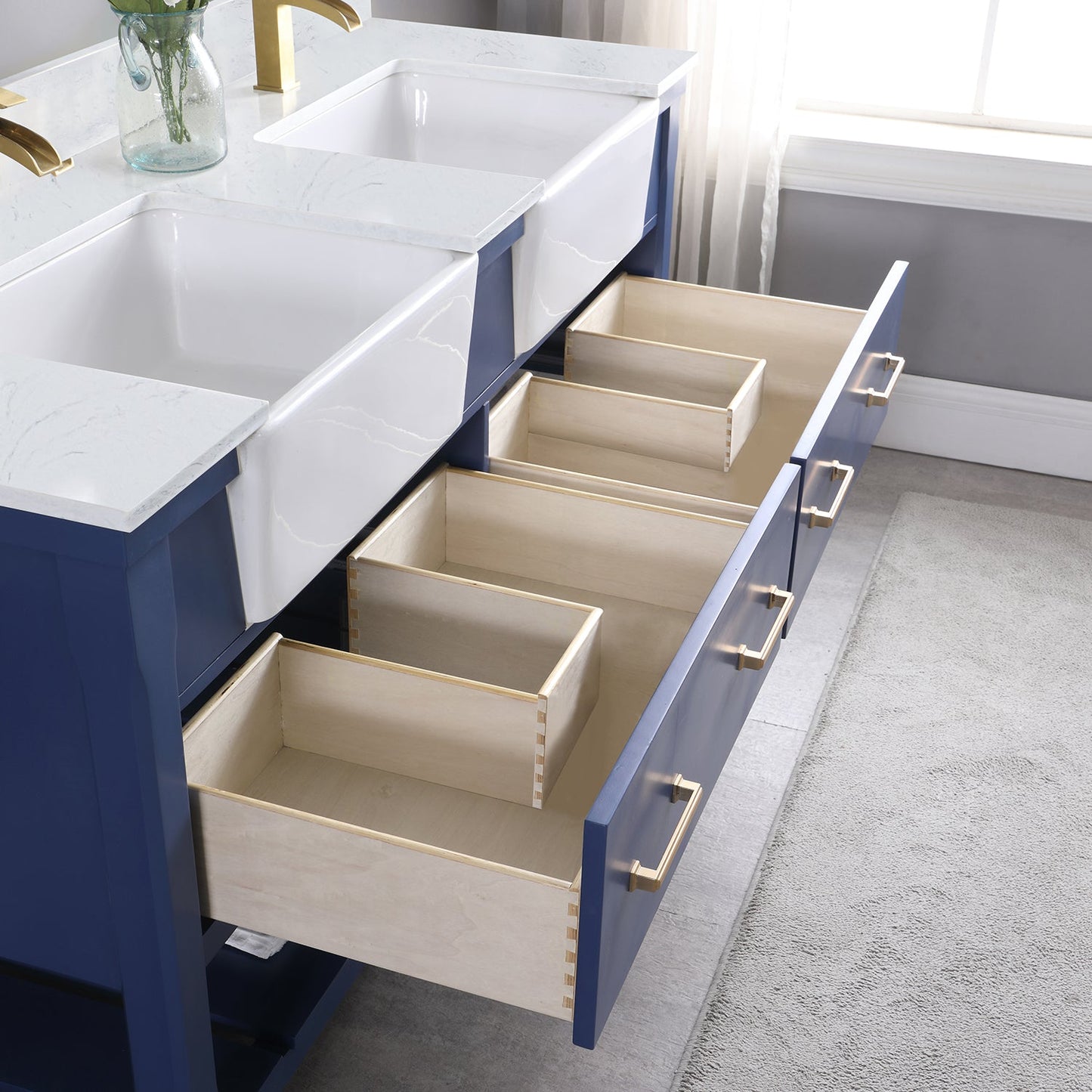 Georgia 60" Double Bathroom Vanity Set in Jewelry Blue and Aosta White Composite Stone Top with White Farmhouse Basin without Mirror