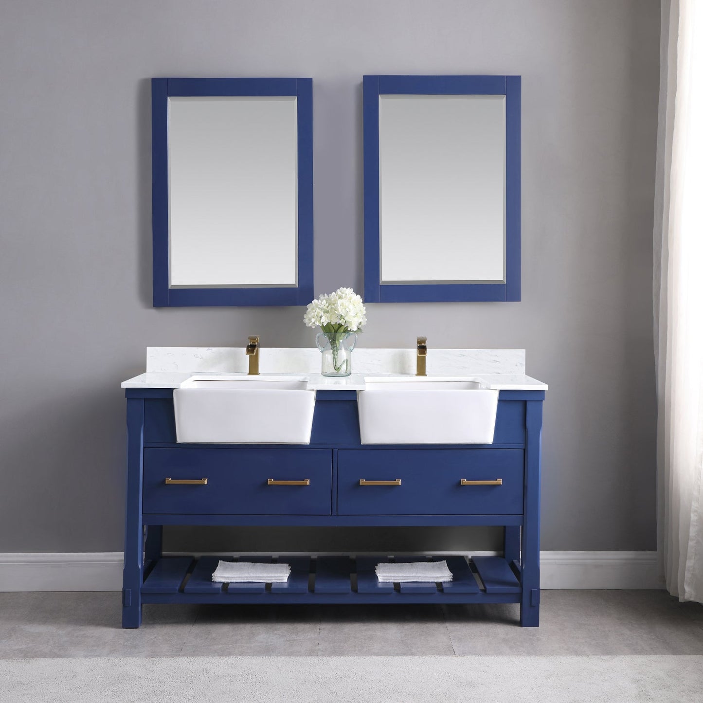 Georgia 60" Double Bathroom Vanity Set in Jewelry Blue and Aosta White Composite Stone Top with White Farmhouse Basin without Mirror