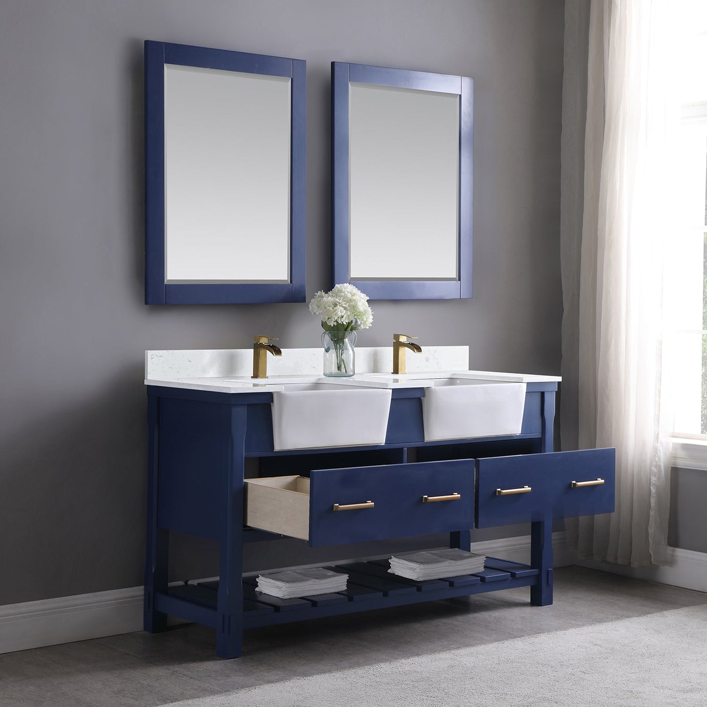 Georgia 60" Double Bathroom Vanity Set in Jewelry Blue and Aosta White Composite Stone Top with White Farmhouse Basin with Mirror