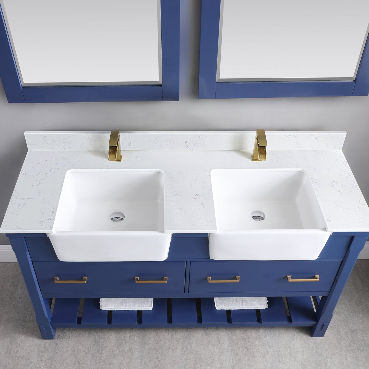 Georgia 60" Double Bathroom Vanity Set in Jewelry Blue and Aosta White Composite Stone Top with White Farmhouse Basin with Mirror