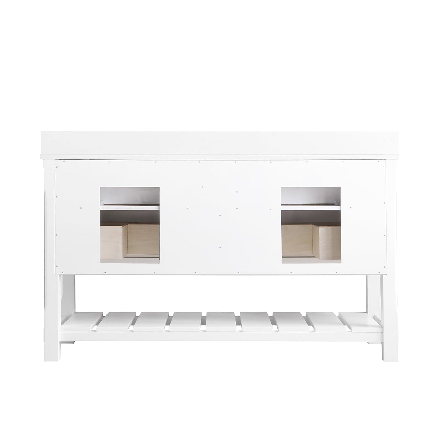 Georgia 60" Double Bathroom Vanity Set in White and Aosta White Composite Stone Top with White Farmhouse Basin without Mirror