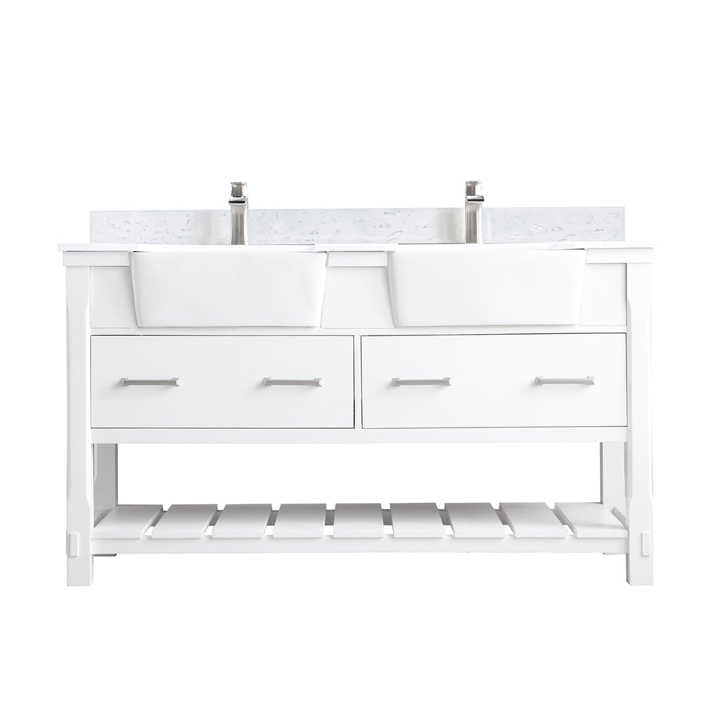 Georgia 60" Double Bathroom Vanity Set in White and Aosta White Composite Stone Top with White Farmhouse Basin without Mirror