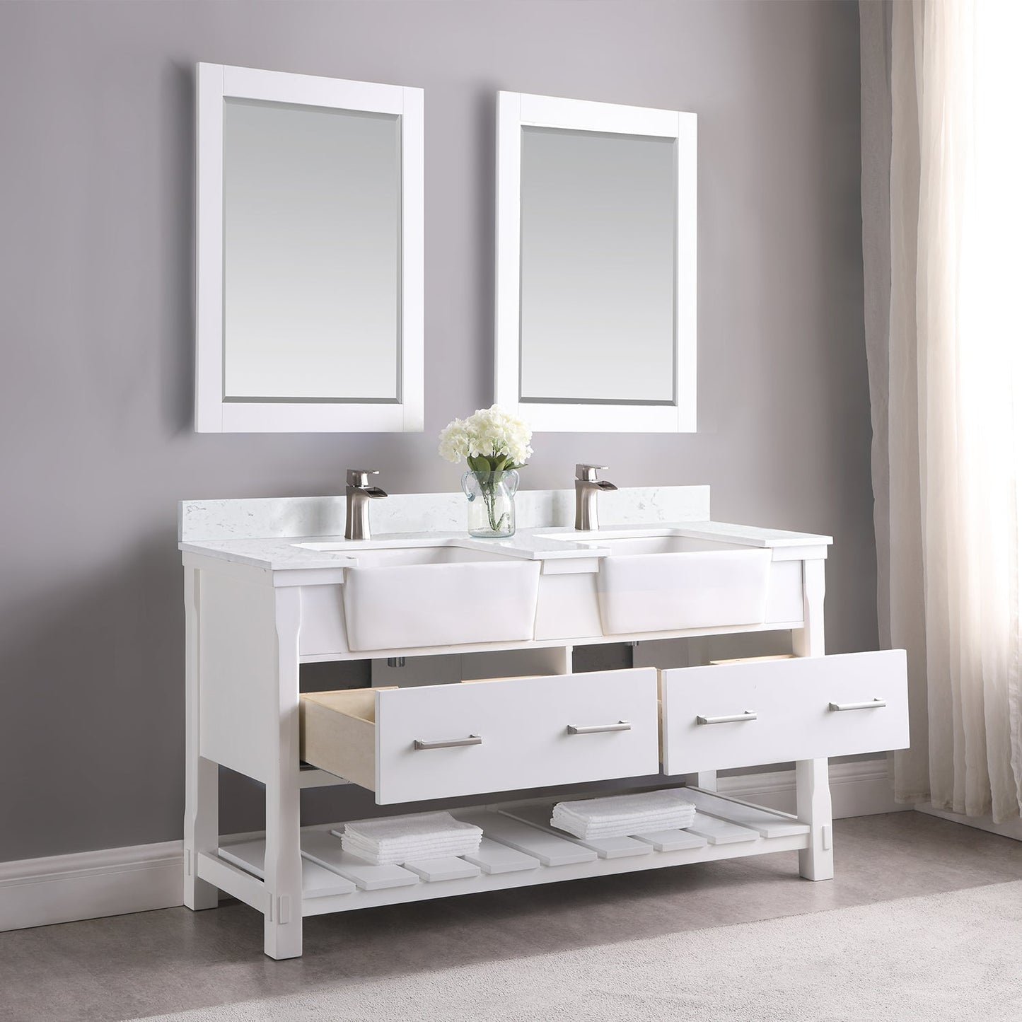 Georgia 60" Double Bathroom Vanity Set in White and Aosta White Composite Stone Top with White Farmhouse Basin with Mirror