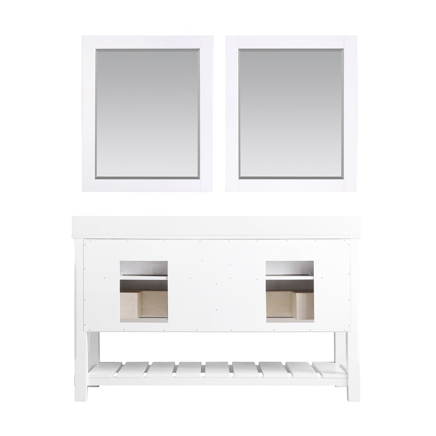 Georgia 60" Double Bathroom Vanity Set in White and Aosta White Composite Stone Top with White Farmhouse Basin with Mirror