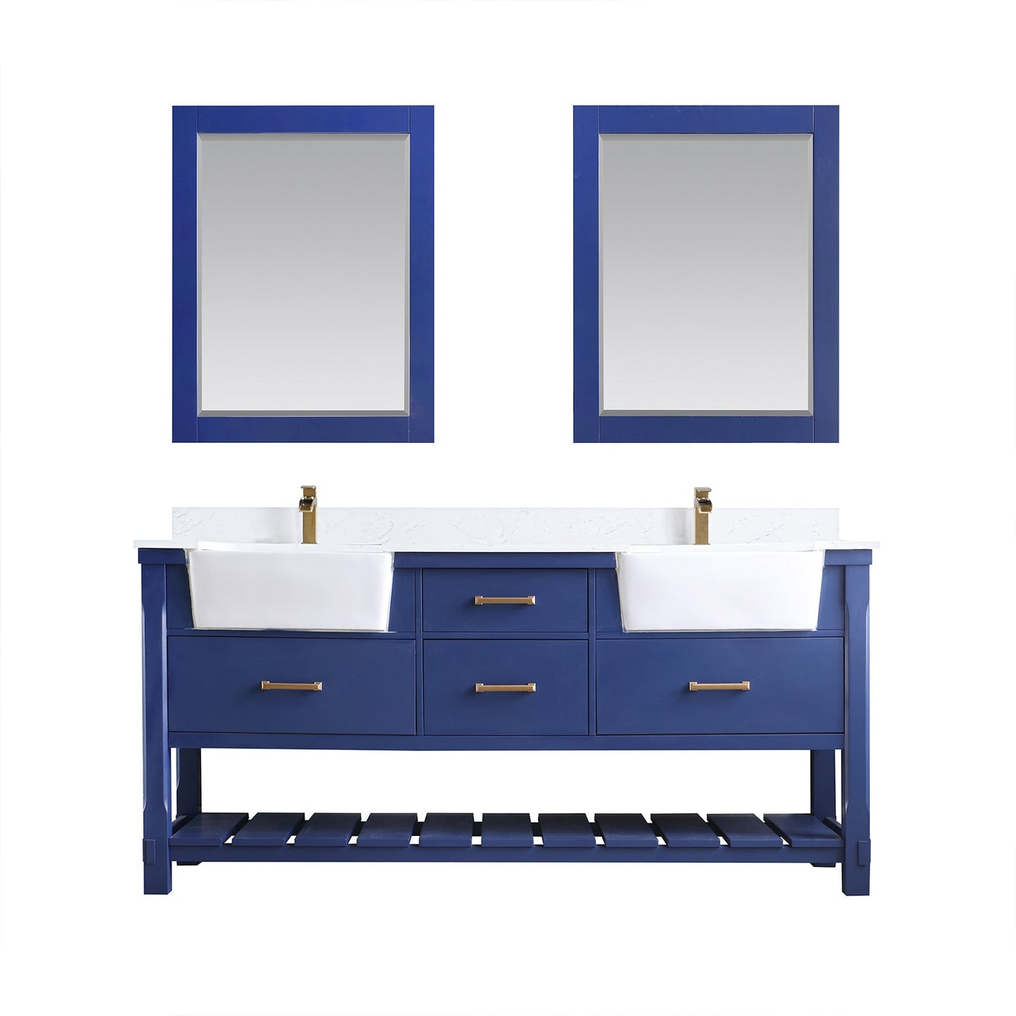 Georgia 72" Double Bathroom Vanity Set in Jewelry Blue and Aosta White Composite Stone Top with White Farmhouse Basin with Mirror