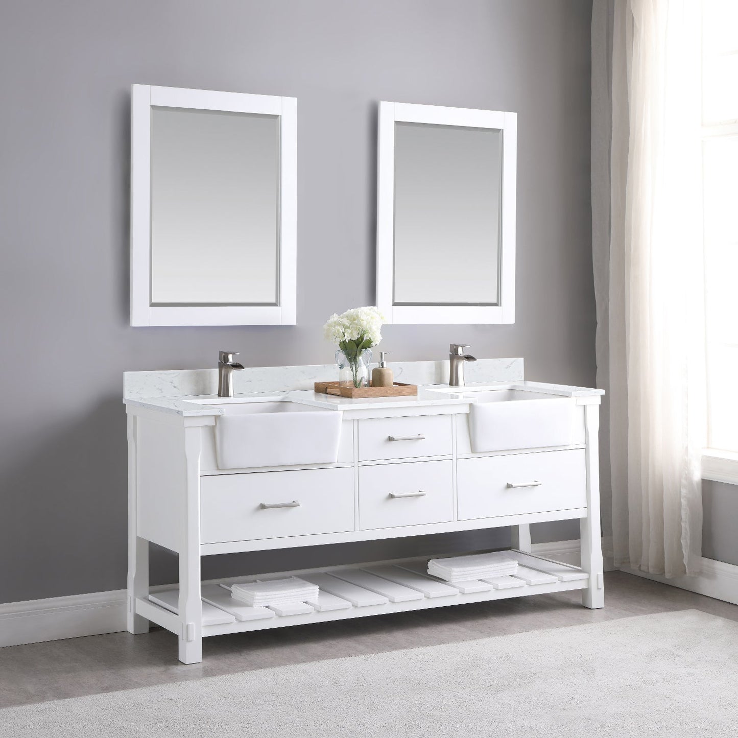 Georgia 72" Double Bathroom Vanity Set in White and Aosta White Composite Stone Top with White Farmhouse Basin without Mirror